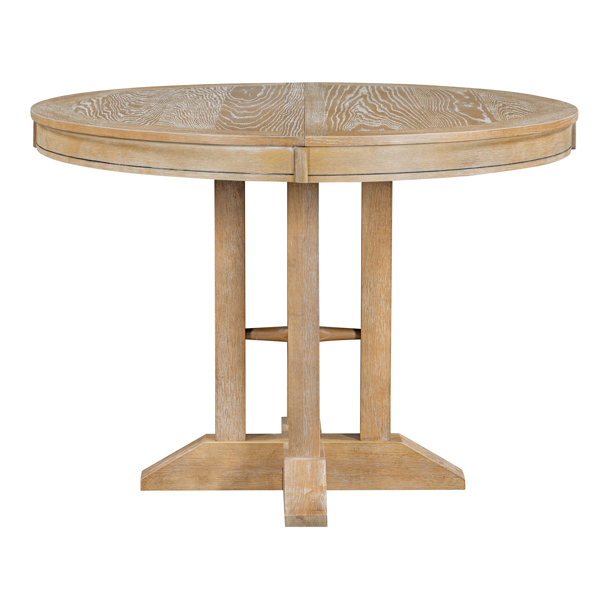 Natural oak round dining table unextended, front elevation on plain white background