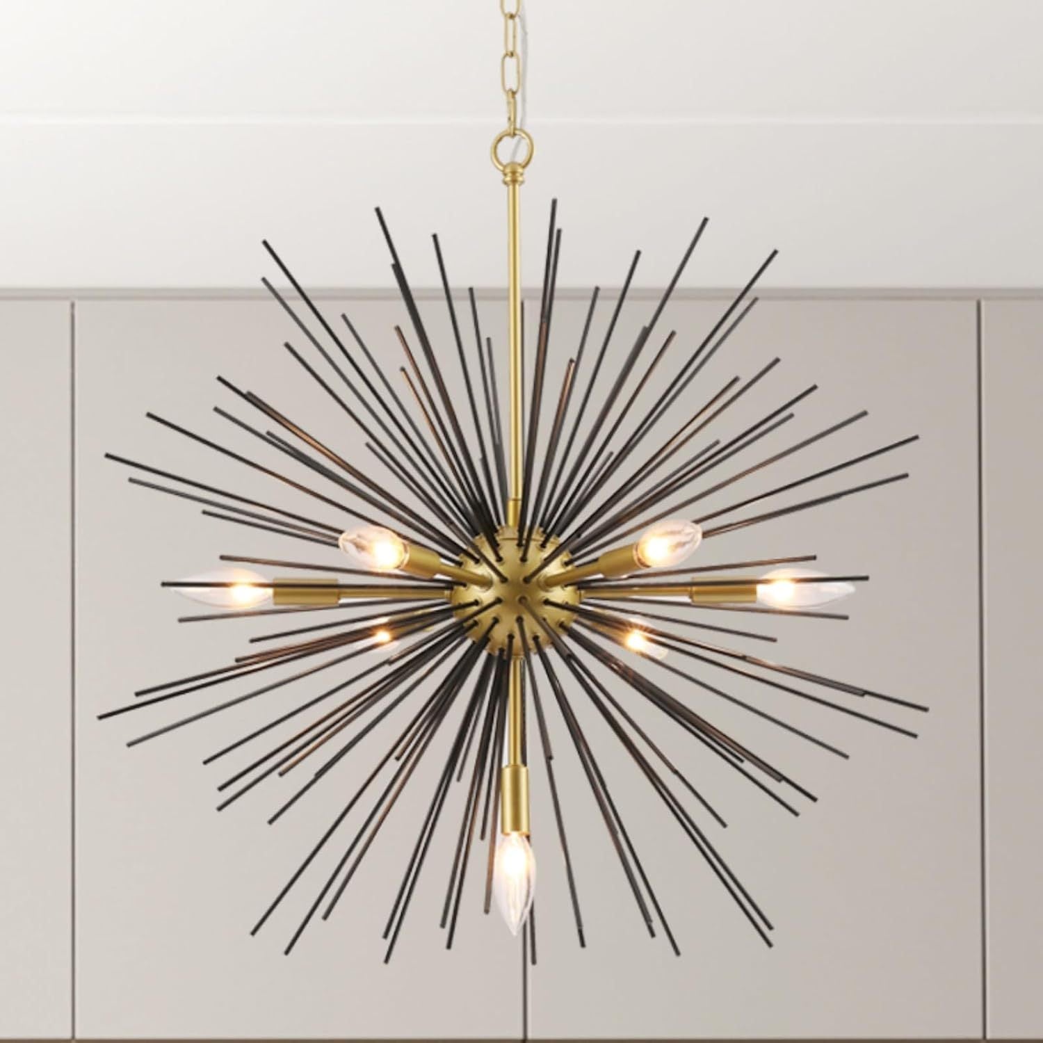 Chandelier, 12-Light Mid-Century Modern Metal, Black and Gold