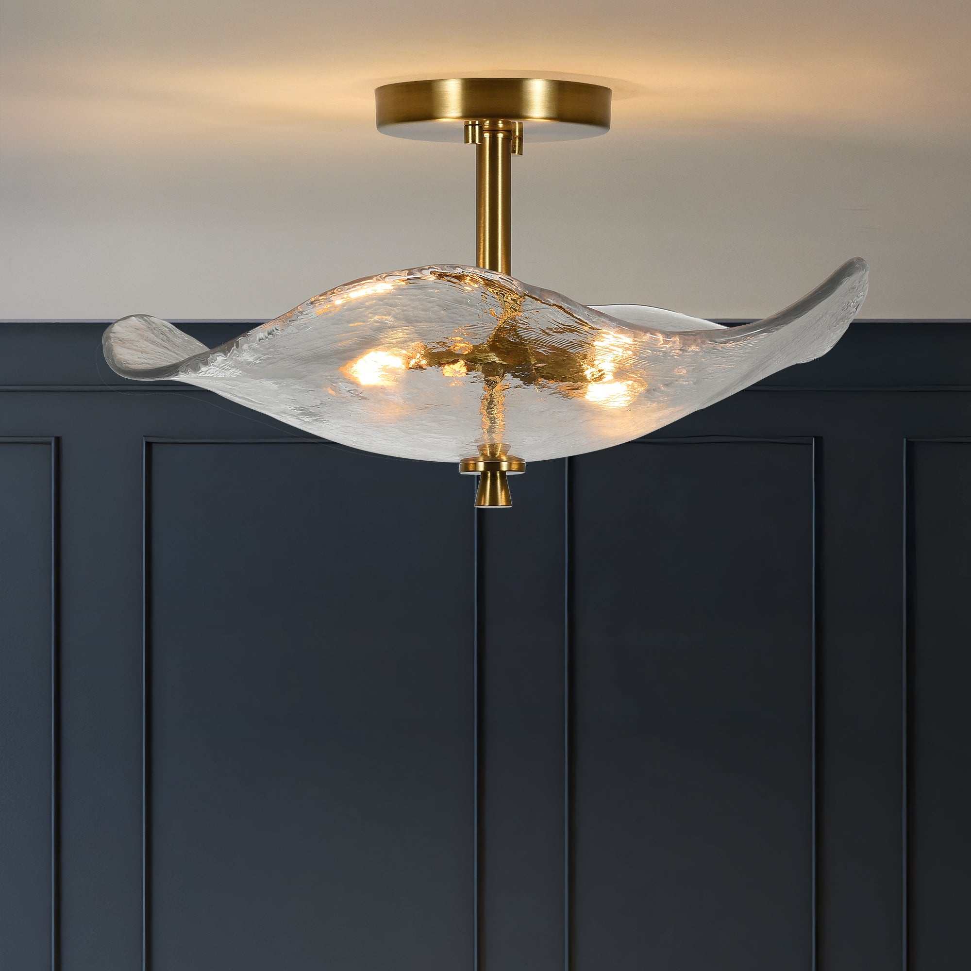 Semi Flush Mount Light with 2 Lights, Glass Shade, Dimmable, Gold