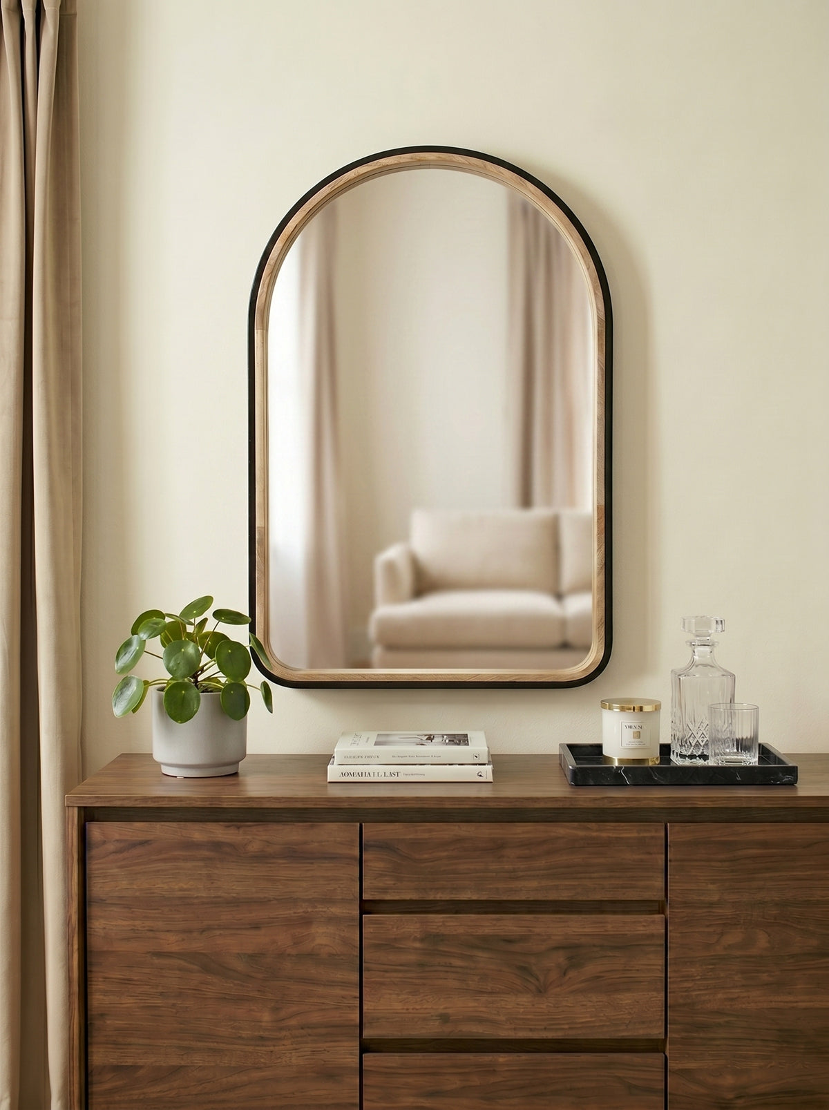 Two-Tone Arch Mirror, 23.6 x 35.4 in, Black and Wood