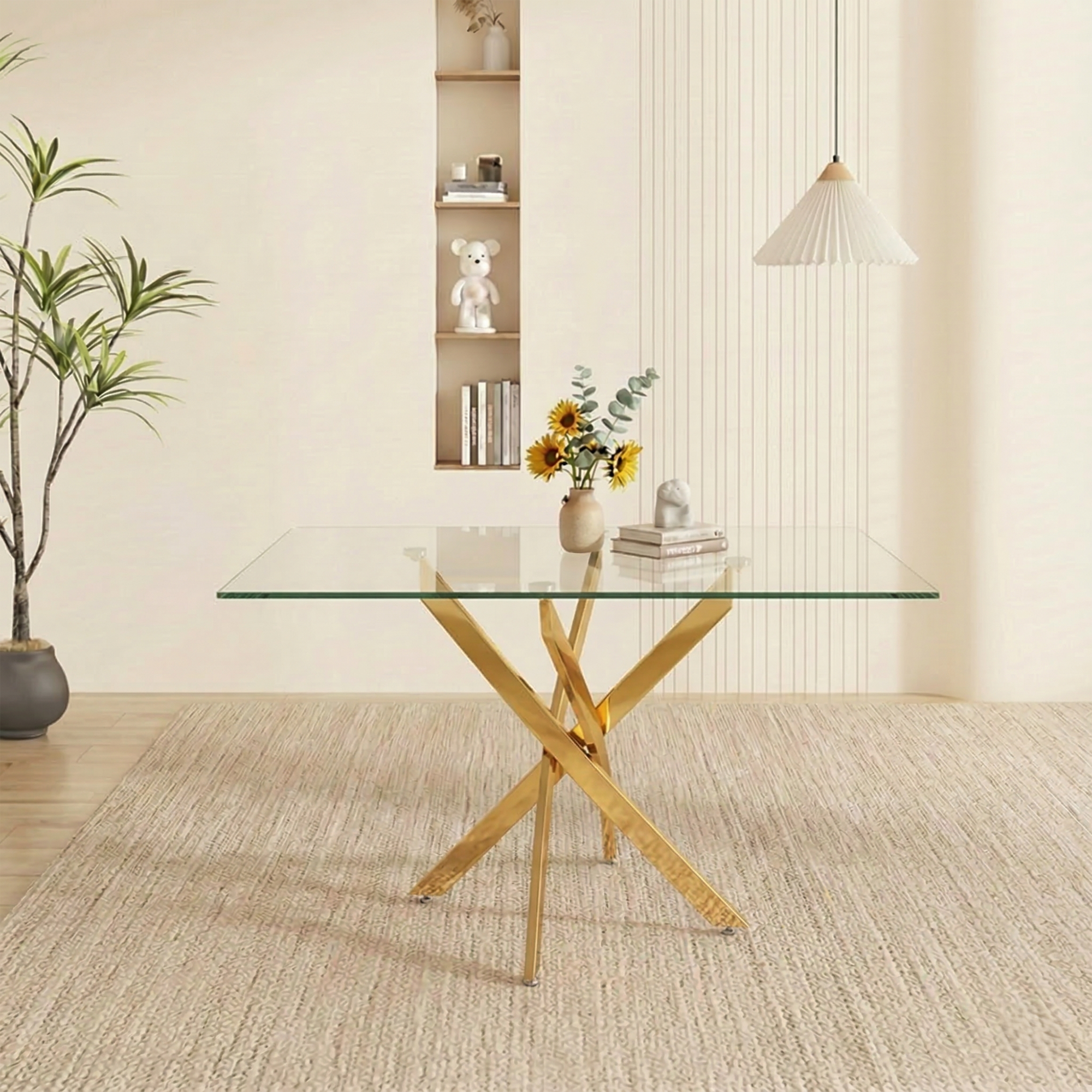 Styled room scene with the gold-leg glass table, sunflowers and a pendant lamp