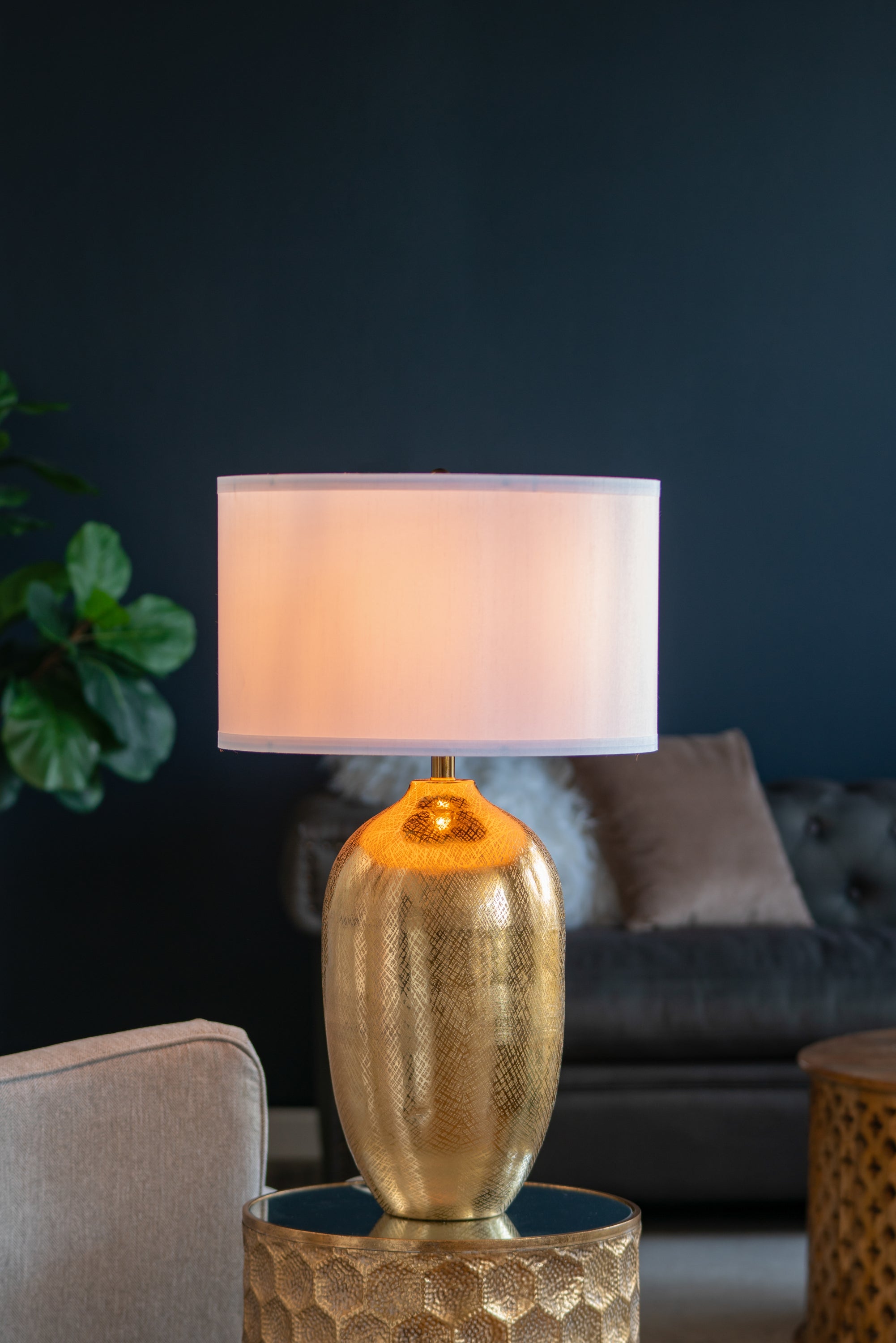 Round Aluminum Table Lamp with Fabric Shade, Gold