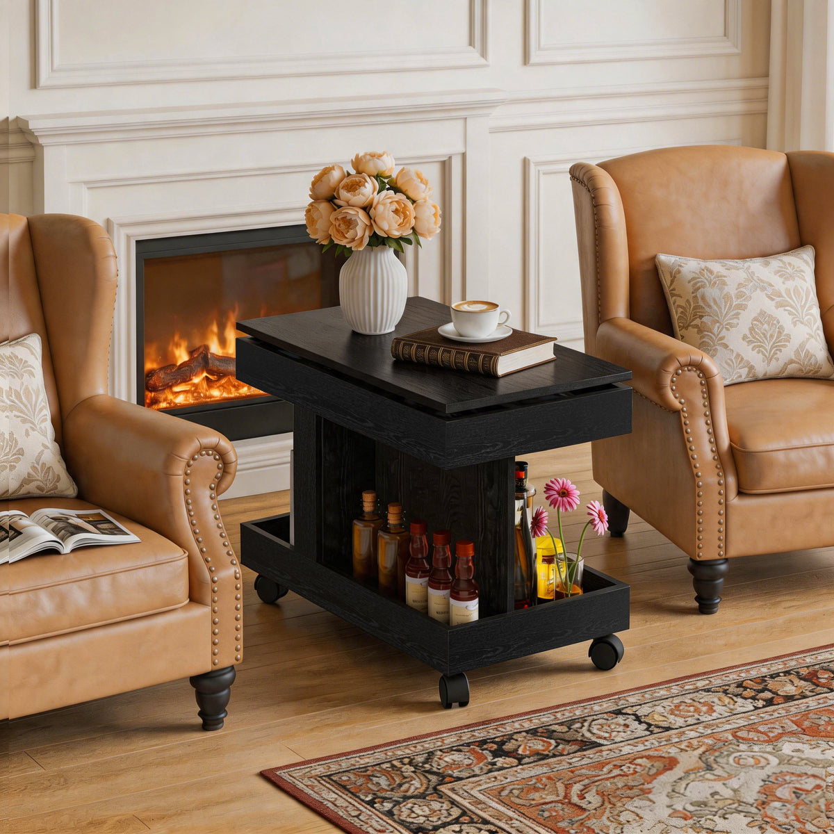 Black Rectangular Side Table with Storage, 26.8 in