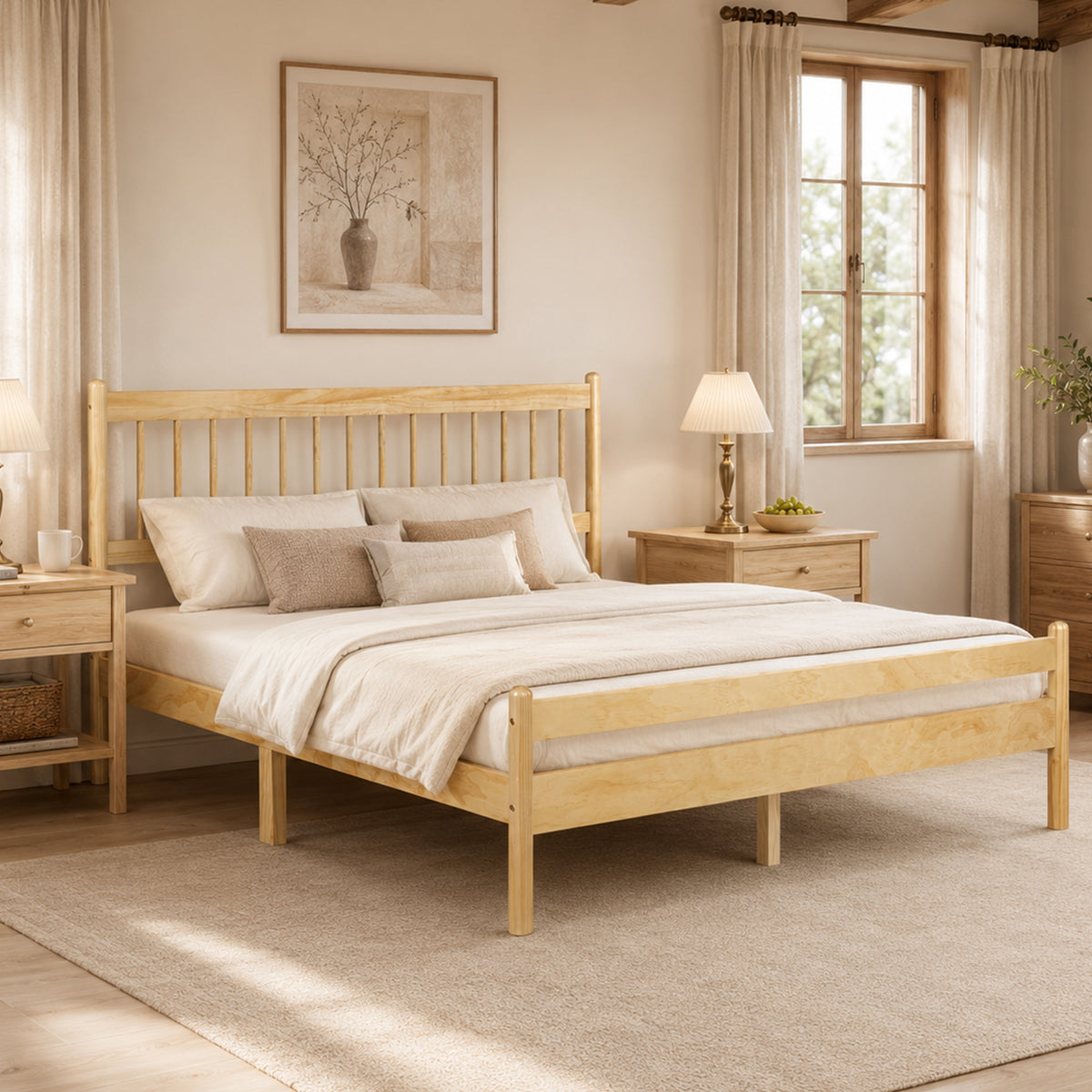 Angled view of the natural pine bed with spindle headboard and footboard in a sunlit farmhouse bedroom