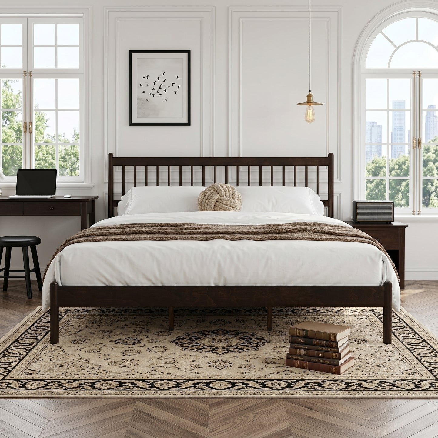 Brown pine king bed with round pillow, angled bedroom view