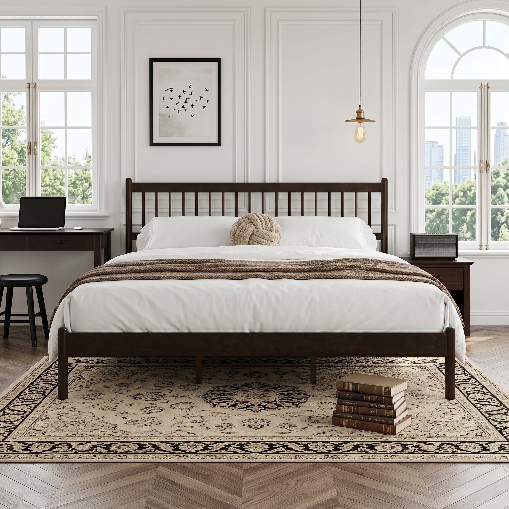 Brown pine king bed with round pillow, angled bedroom view