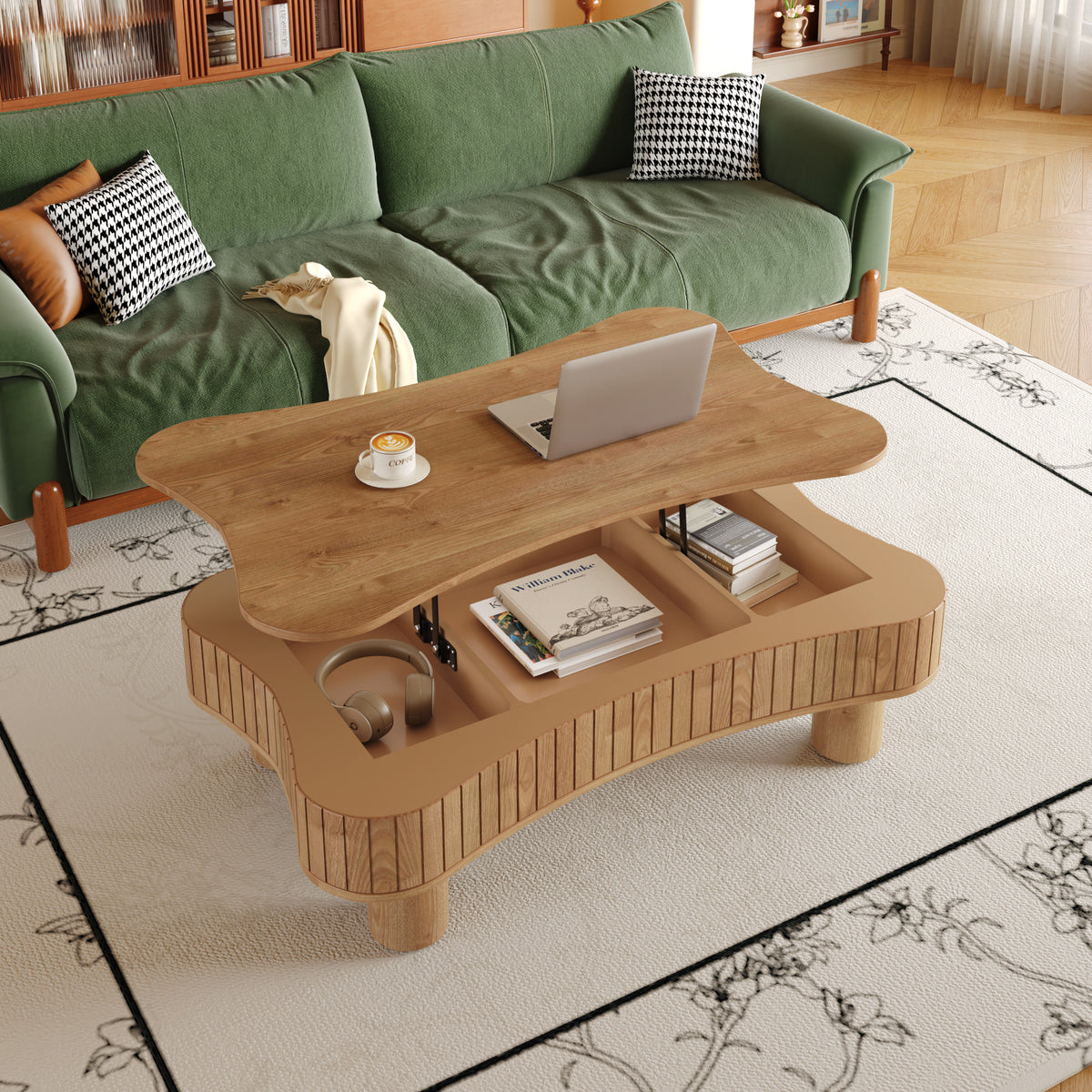 Light Brown Fluted Lift-Top Coffee Table, 42.5 in