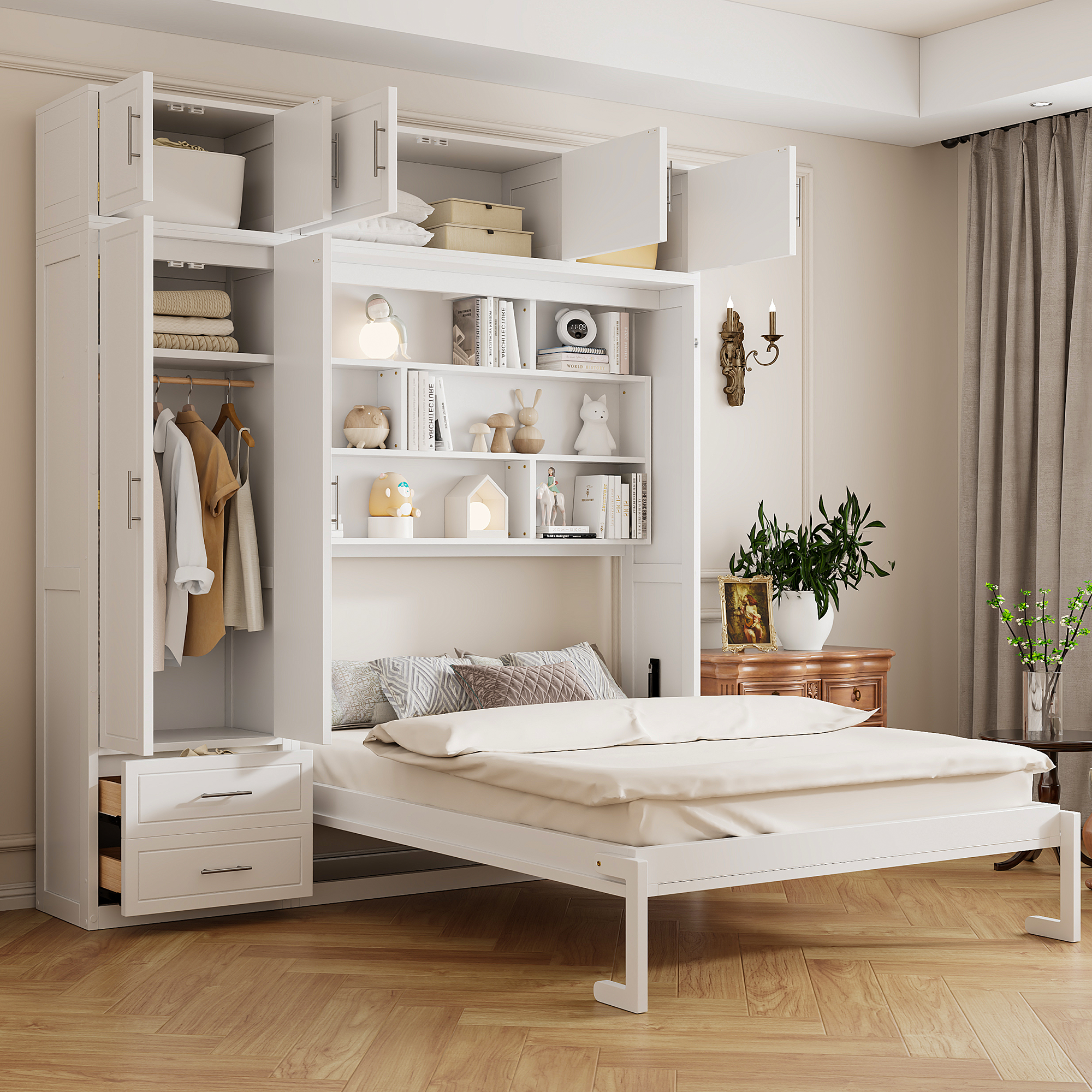 Queen Murphy Bed with Top Cabinet and Shelves, White