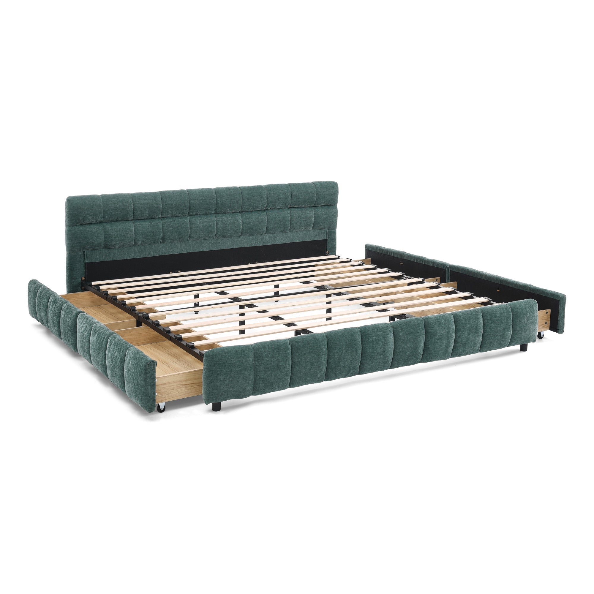Three-quarter angled view of blue-green chenille bed frame