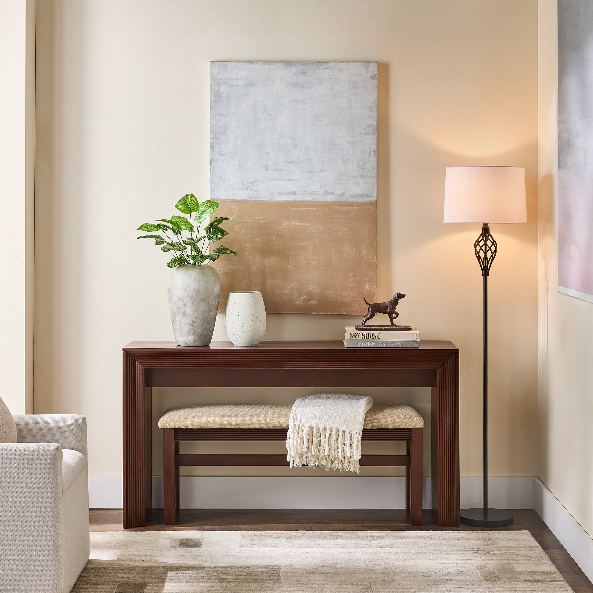 Fluted Console Table and Upholstered Bench Set, Cherry