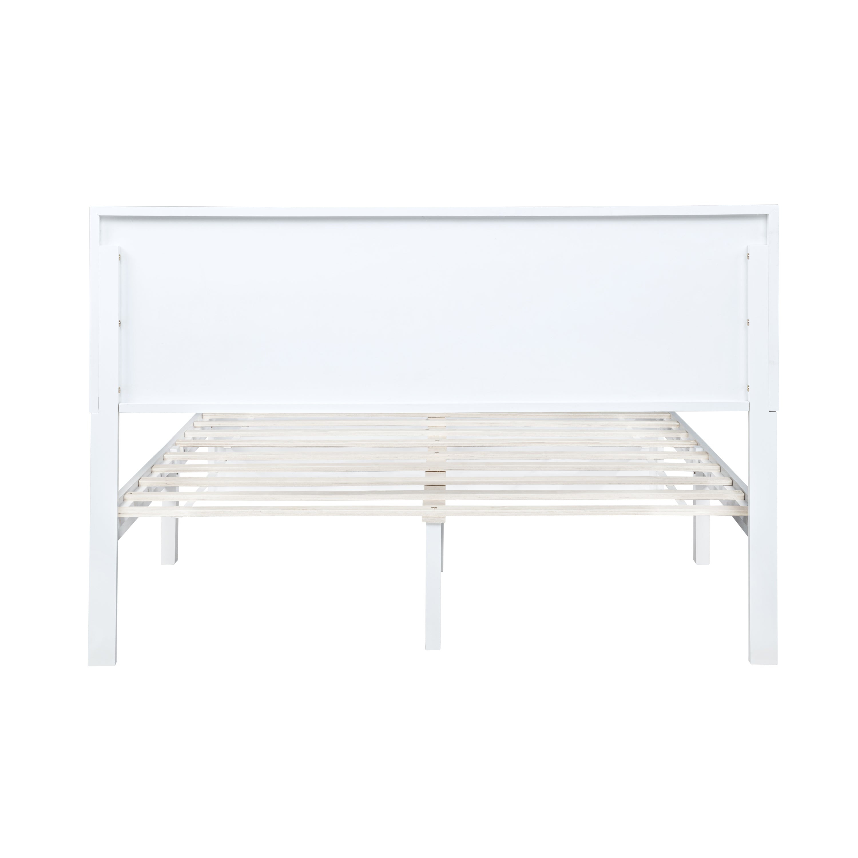 Front view of a white queen bed with headboard set low and exposed wood slat base #Color_White