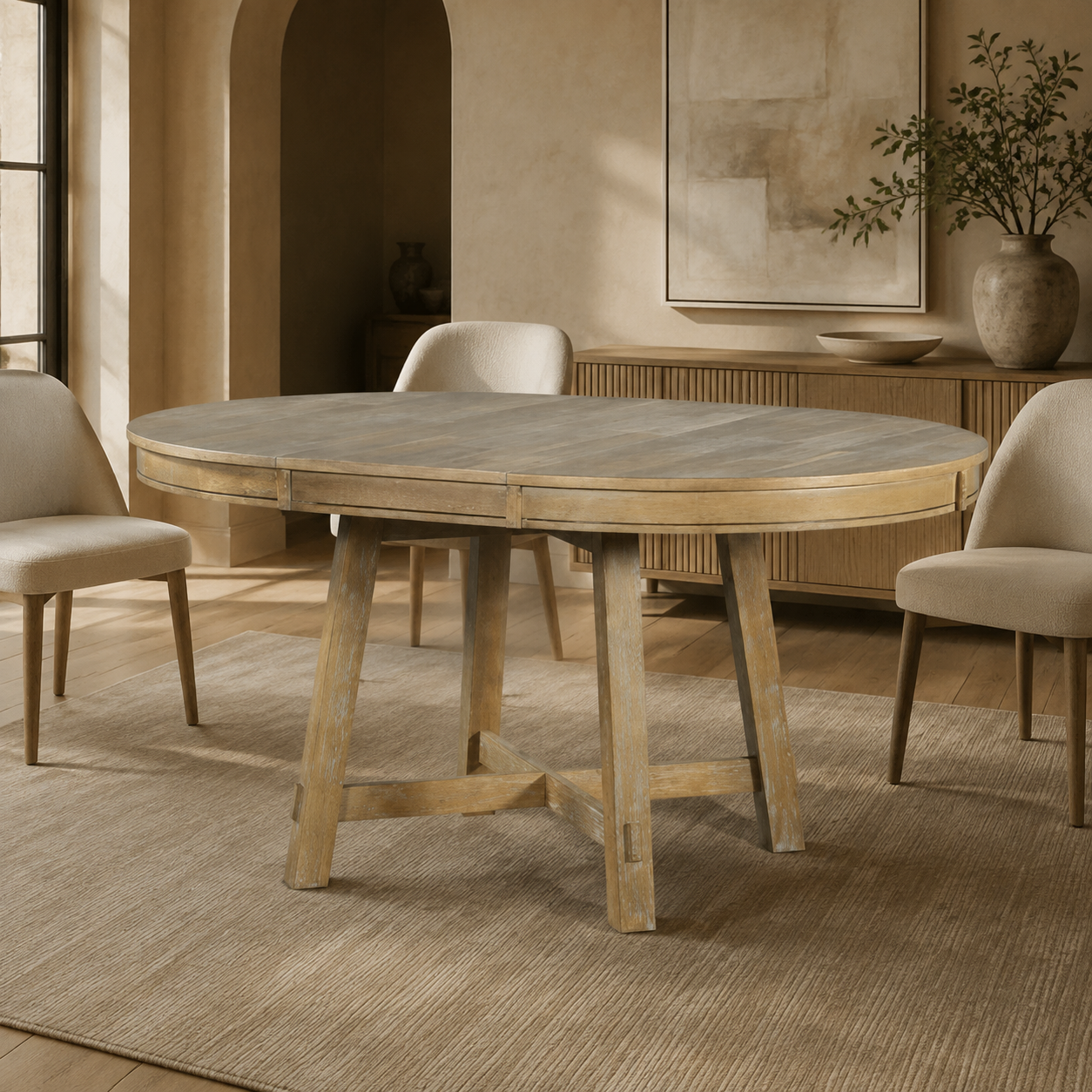 Round Extendable Dining Table, Natural Oak - 16-Inch Leaf