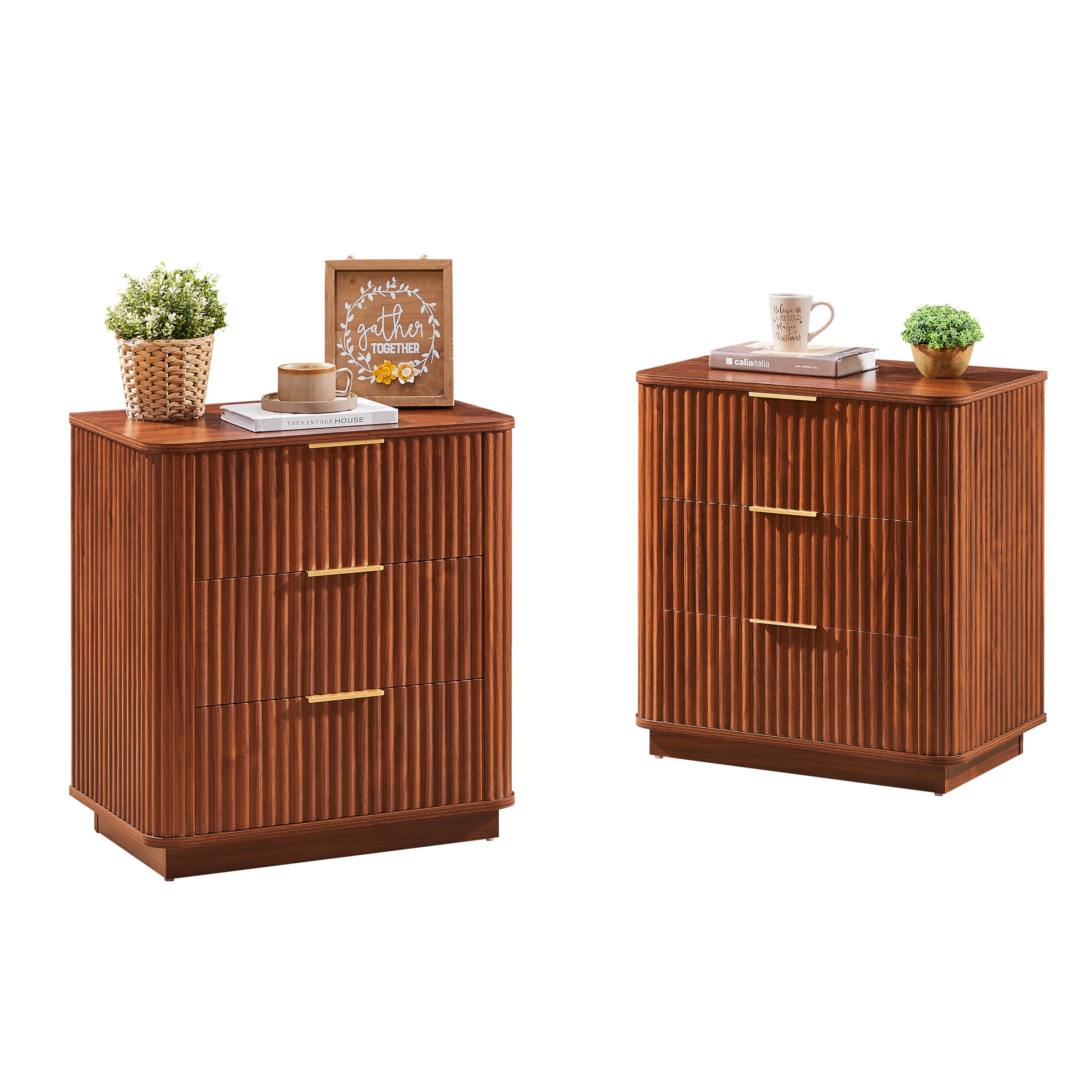 3-Drawer Nightstand Set of 2, Curved Wave Front, Walnut
