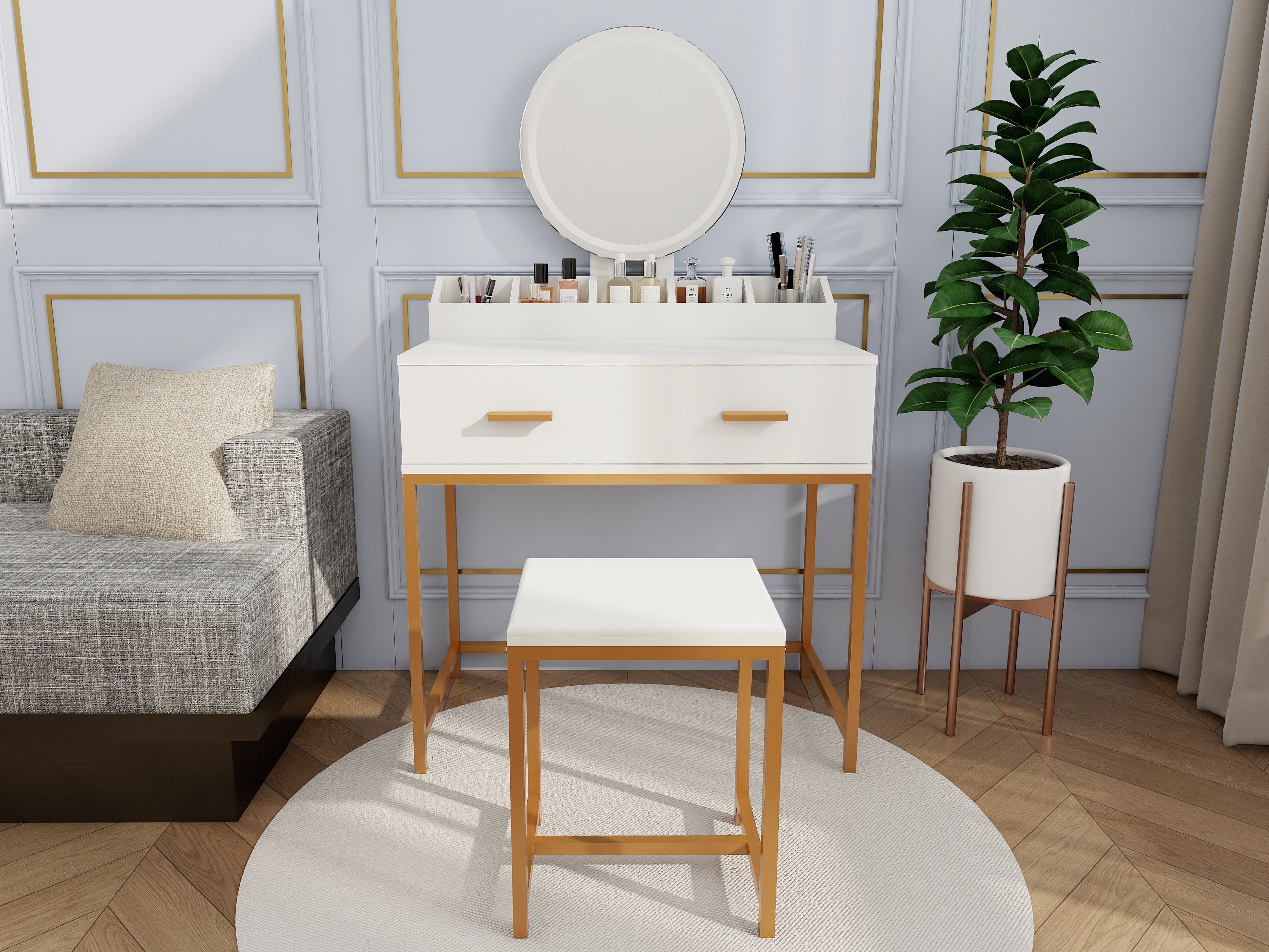White and Gold Vanity Set with Mirror and Drawer