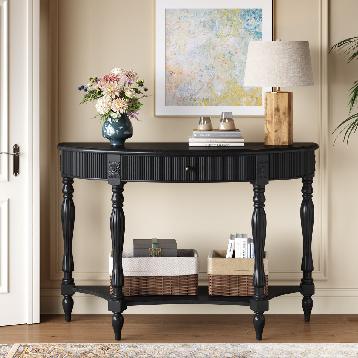 Black Fluted Entryway Console Table with Storage, 45.3 in Wide