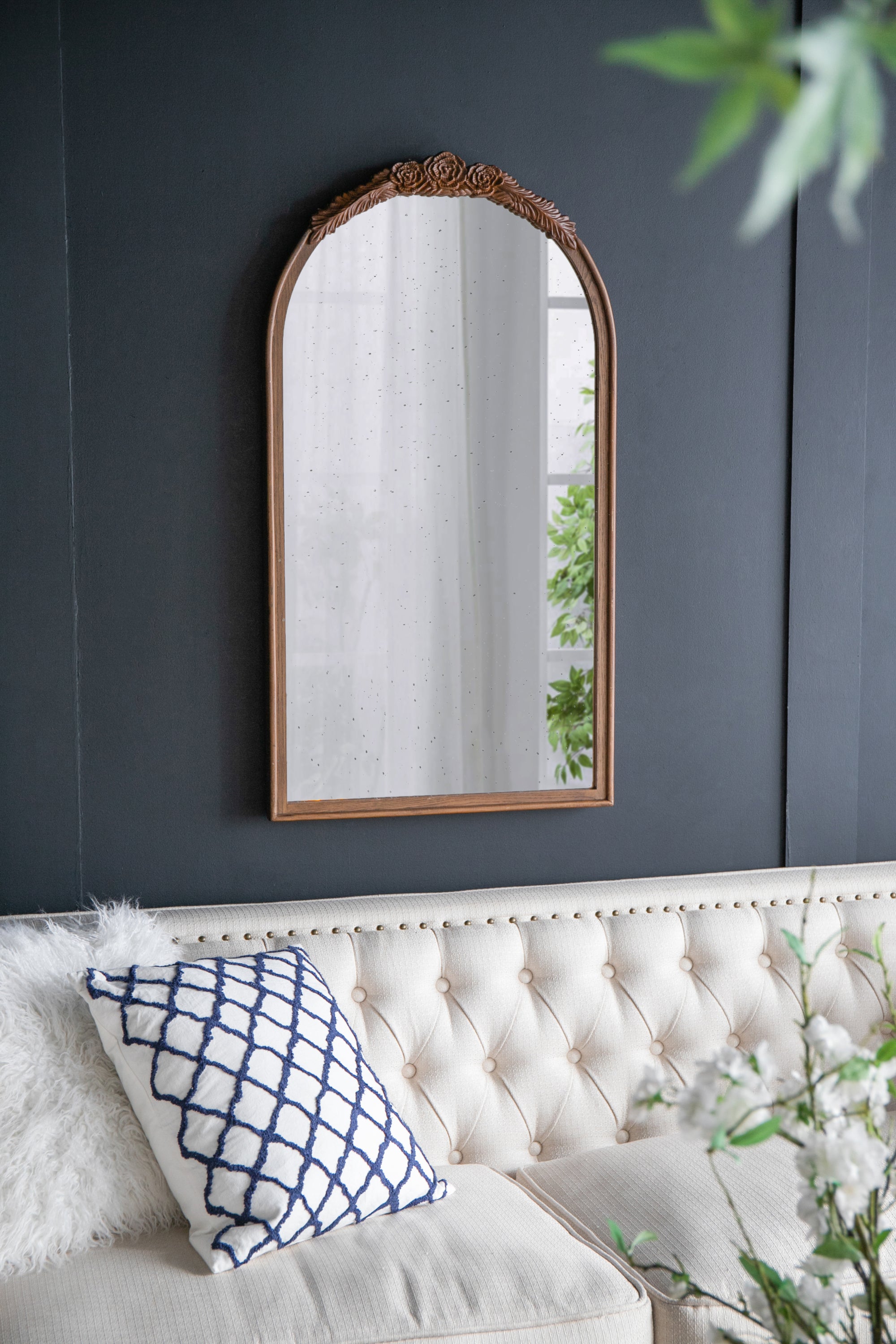 Hand Carved Rose Arch Mirror, 22.8" x 41.9", Antique Brown
