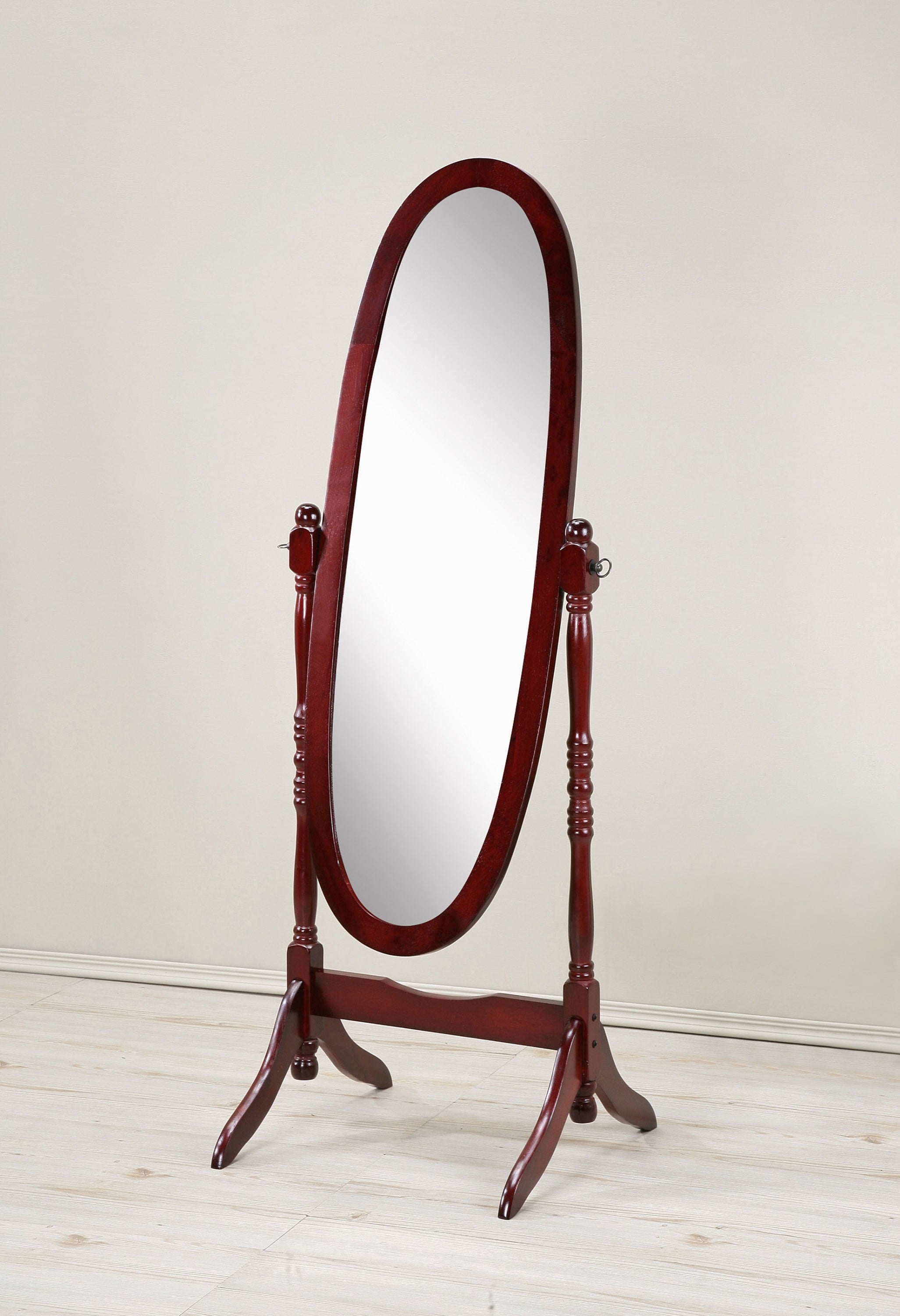Cheval Floor Mirror with Tilting Oval Glass, Cherry Finish