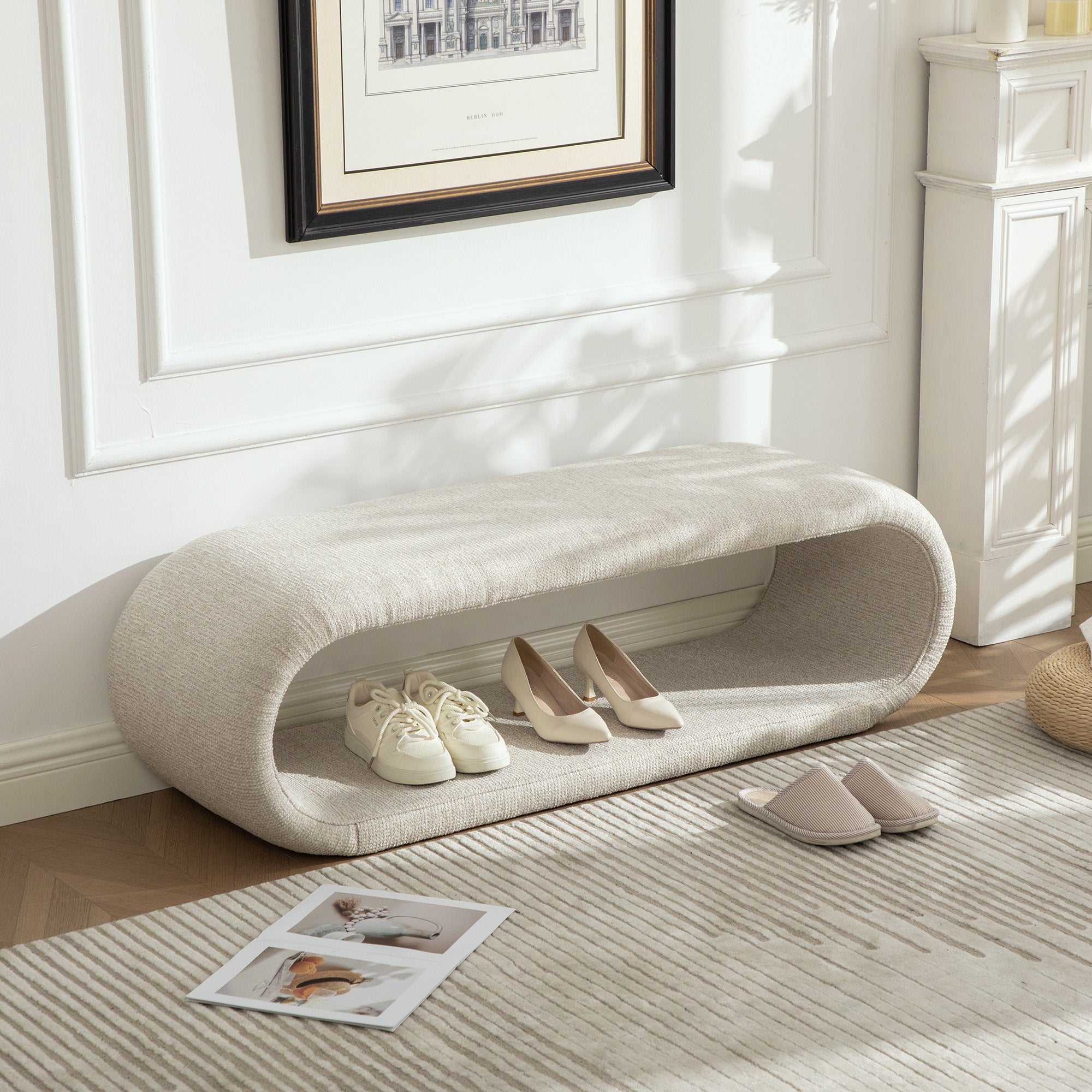 Chenille Oval Loop Bench, 52 in Cream with Shoe Shelf