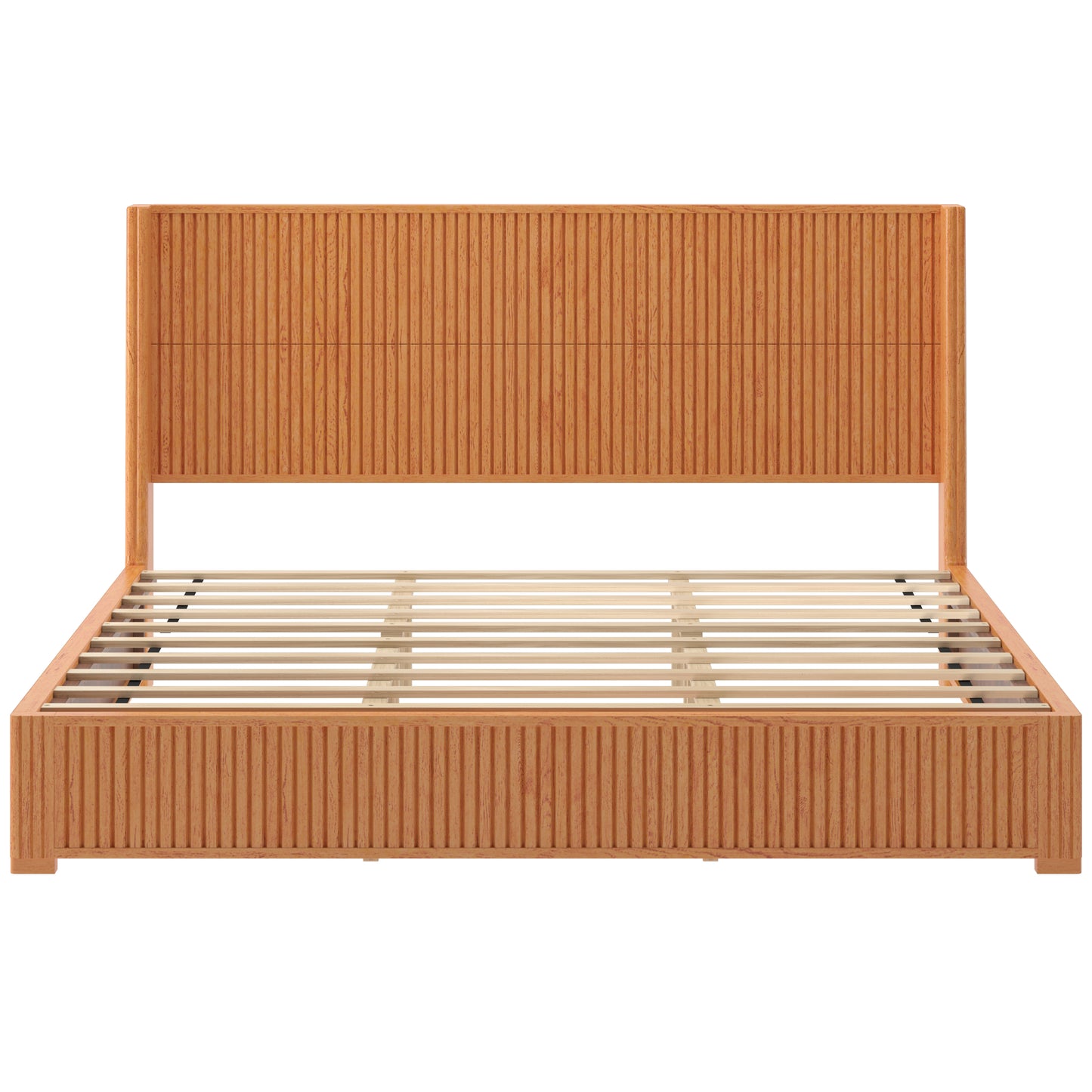 Natural wood king size floor bed frame with tall fluted headboard, front view