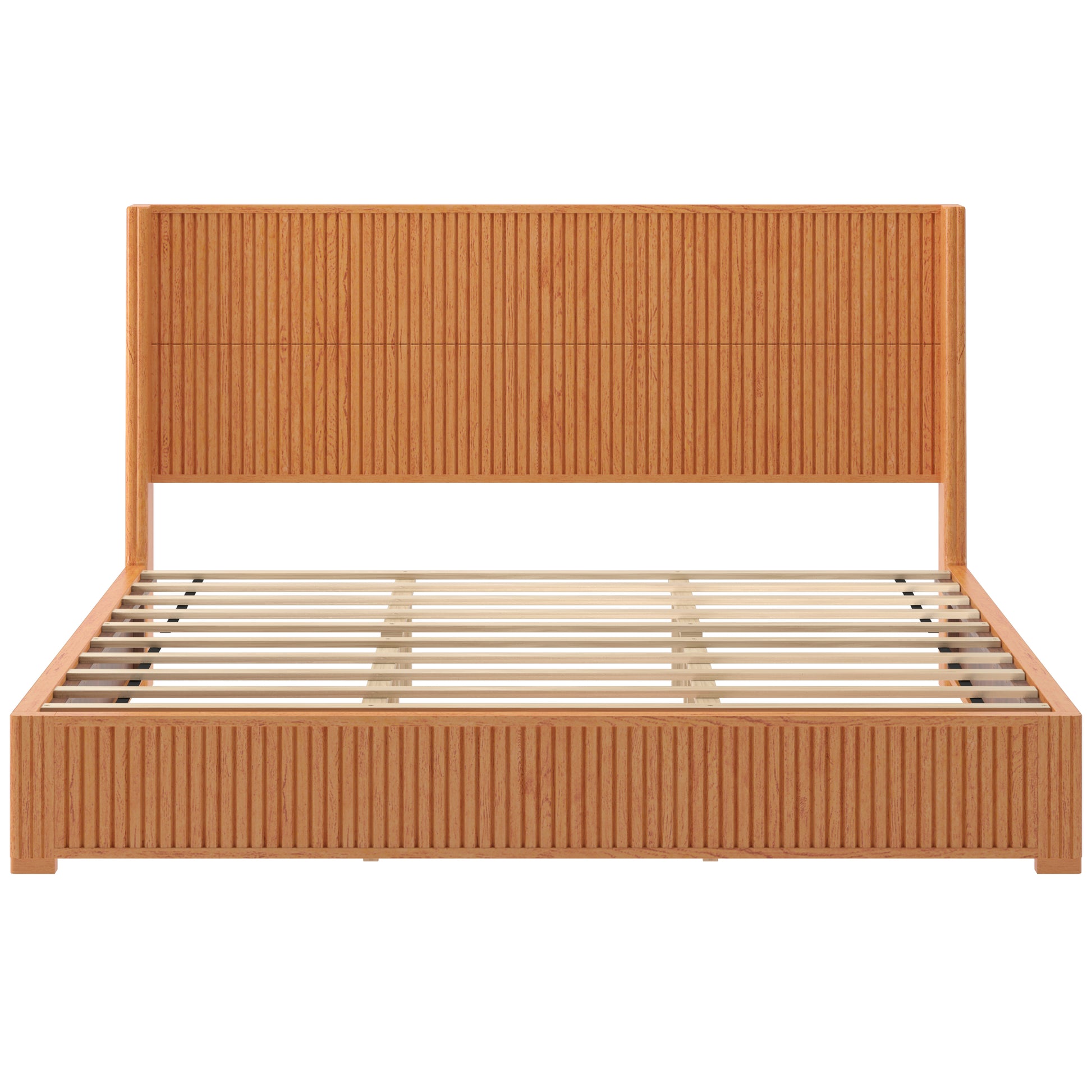 Natural wood king size floor bed frame with tall fluted headboard, front view