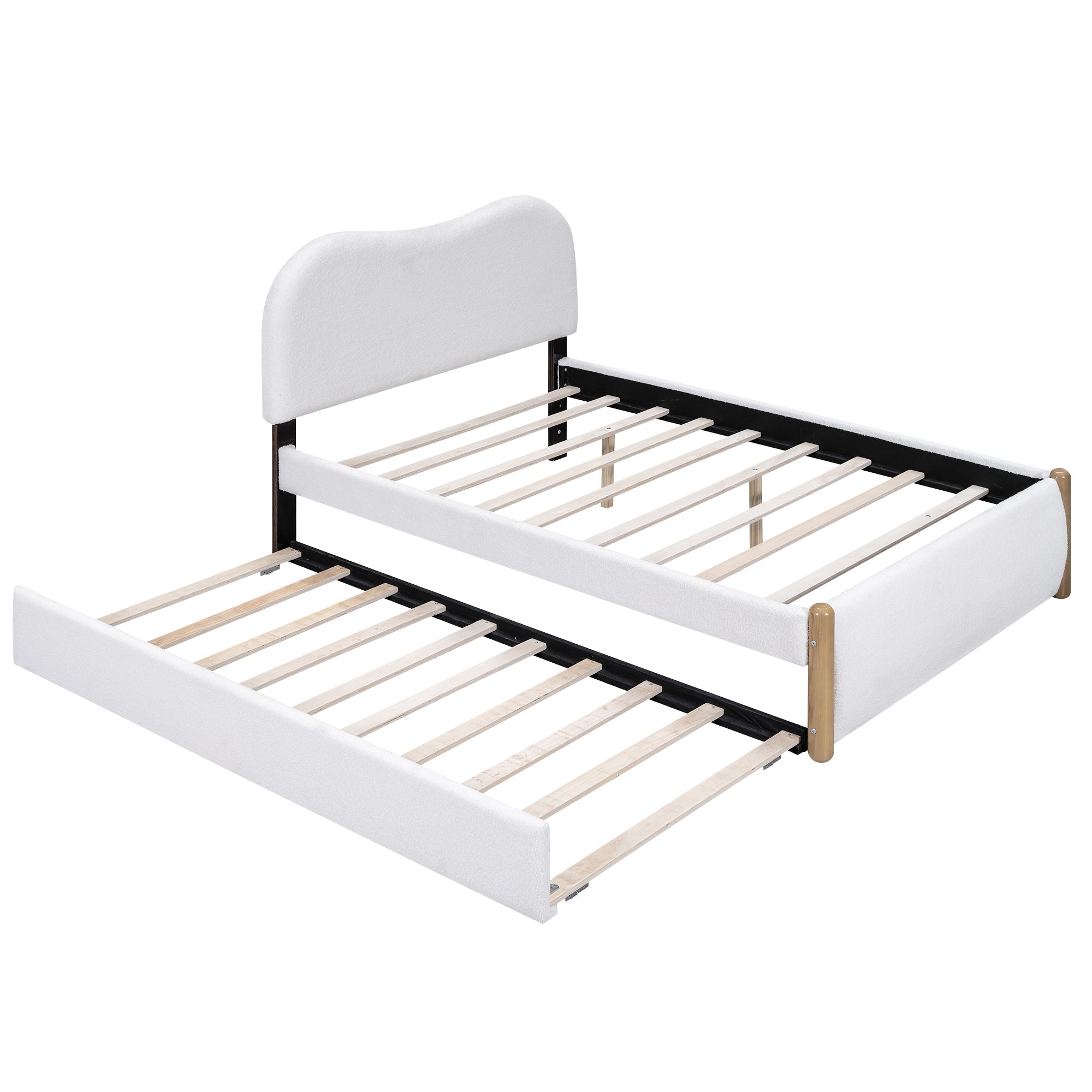Full Size Upholstered Platform Bed with Twin Trundle, White