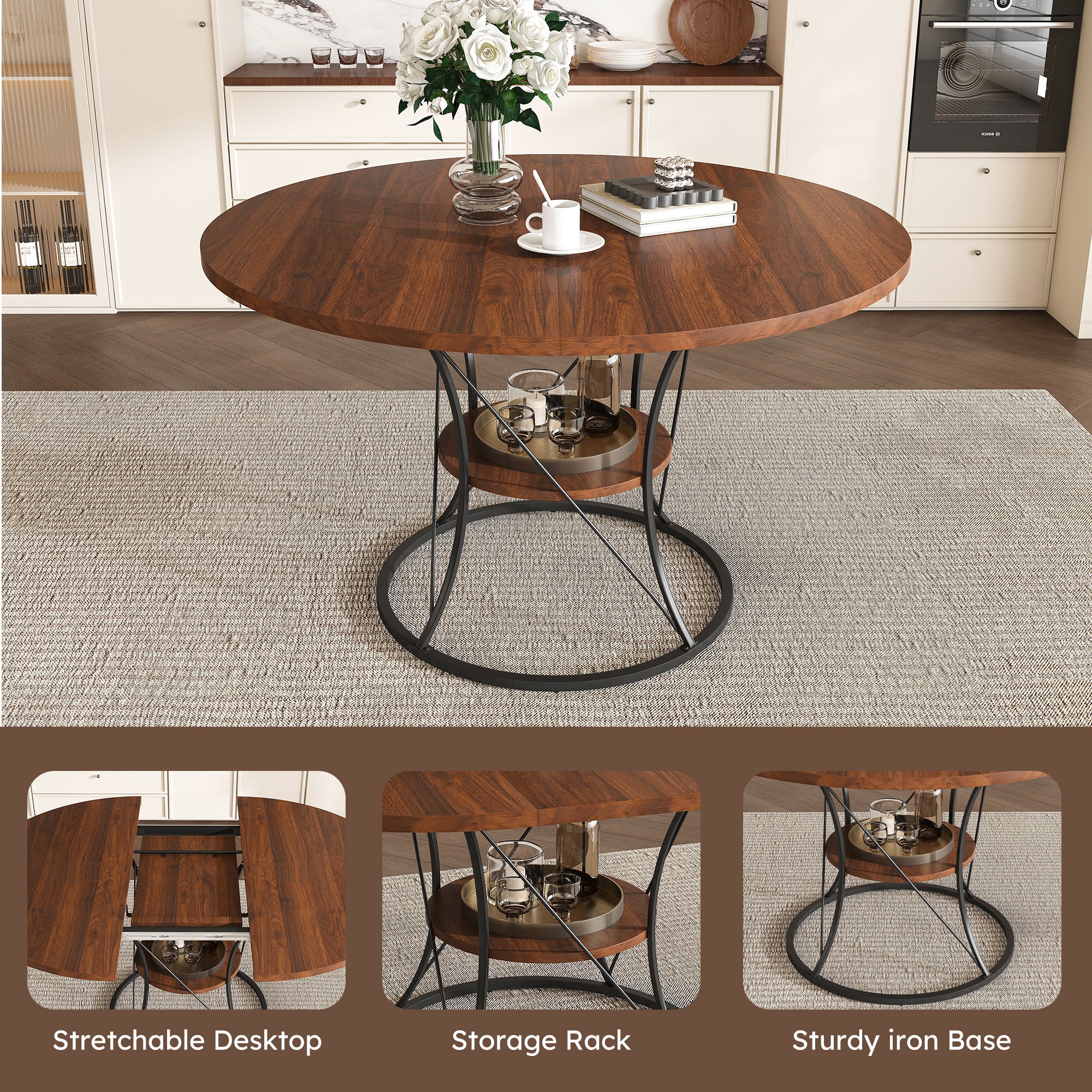Feature graphic highlighting the walnut table's stretchable top, storage rack and sturdy iron base