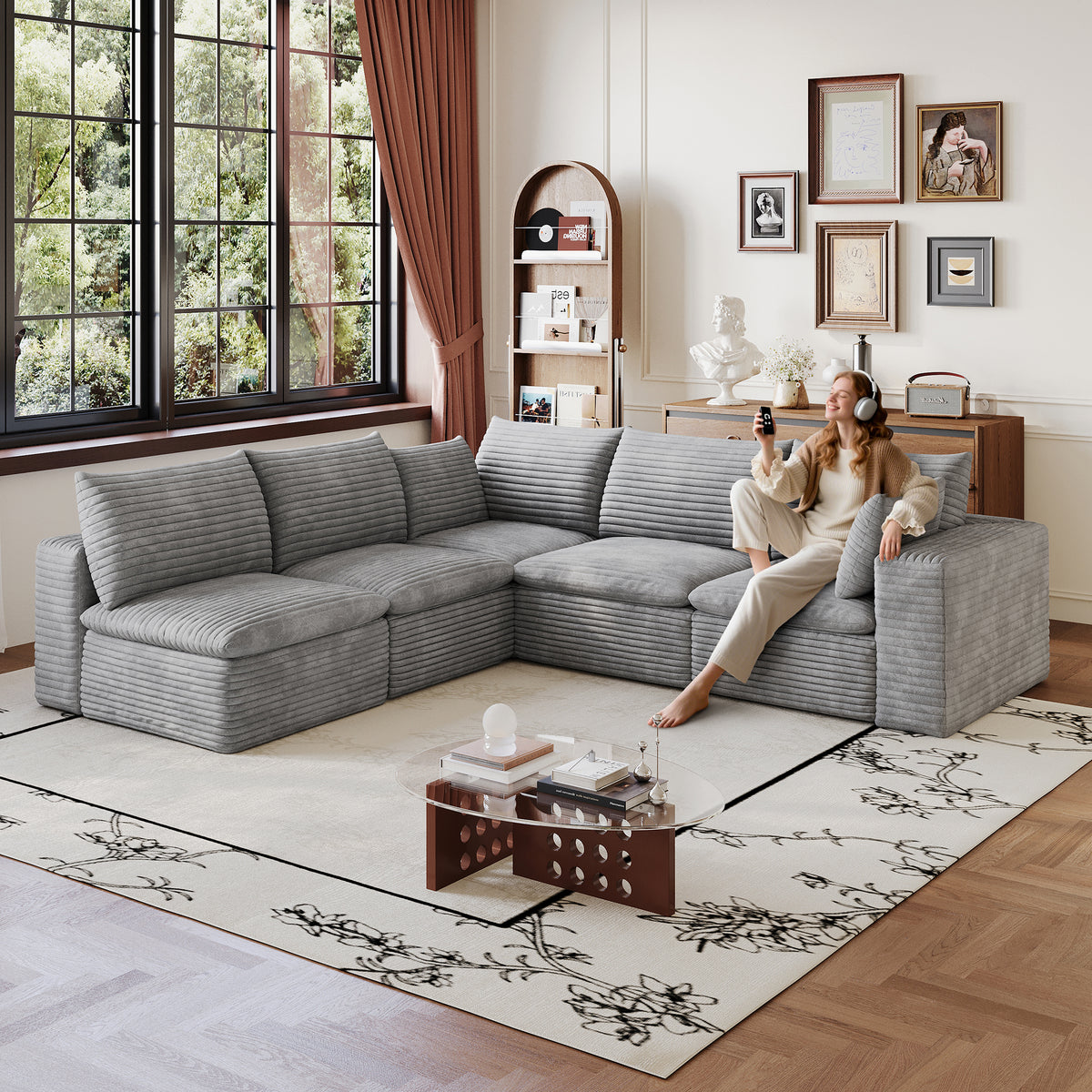Gray Corduroy Modular 5-Seat Couch, No Assembly, 103 in Wide