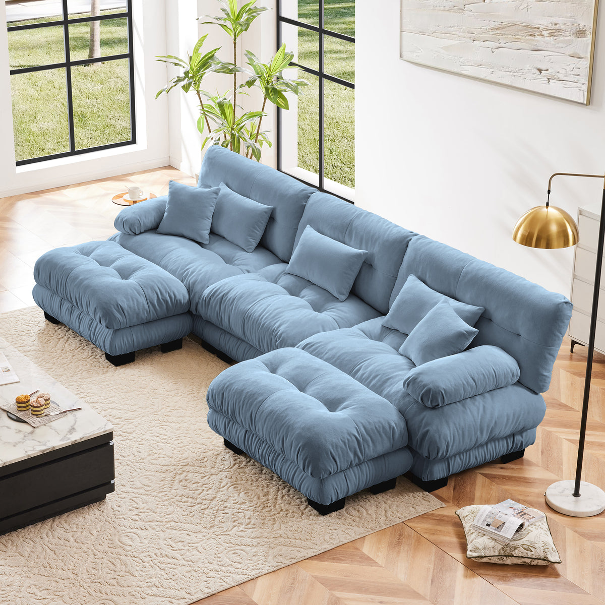 Blue Chenille Modular Sectional Couch with 2 Ottomans