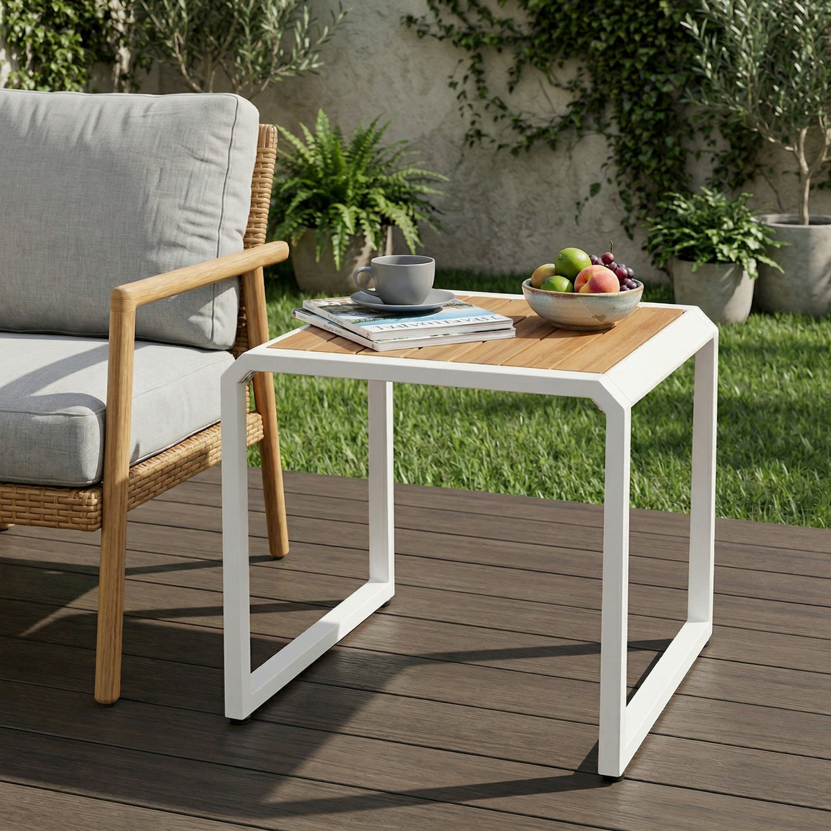 White Metal Outdoor Side Table, Acacia Wood Top