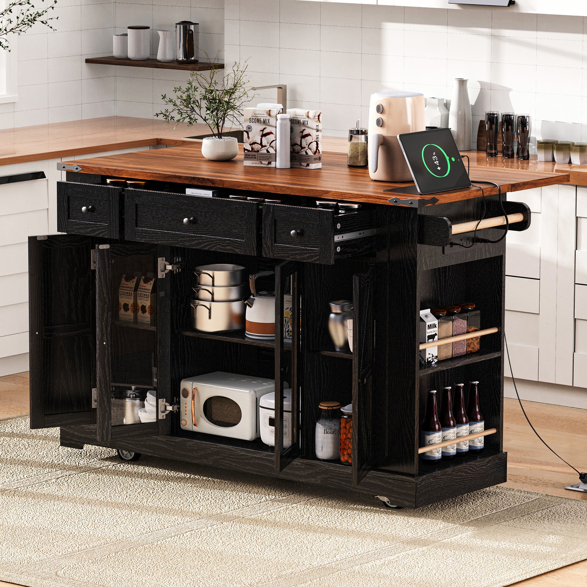 53'' Farmhouse Kitchen Island, Black with Drop-Leaf & 3 Drawers
