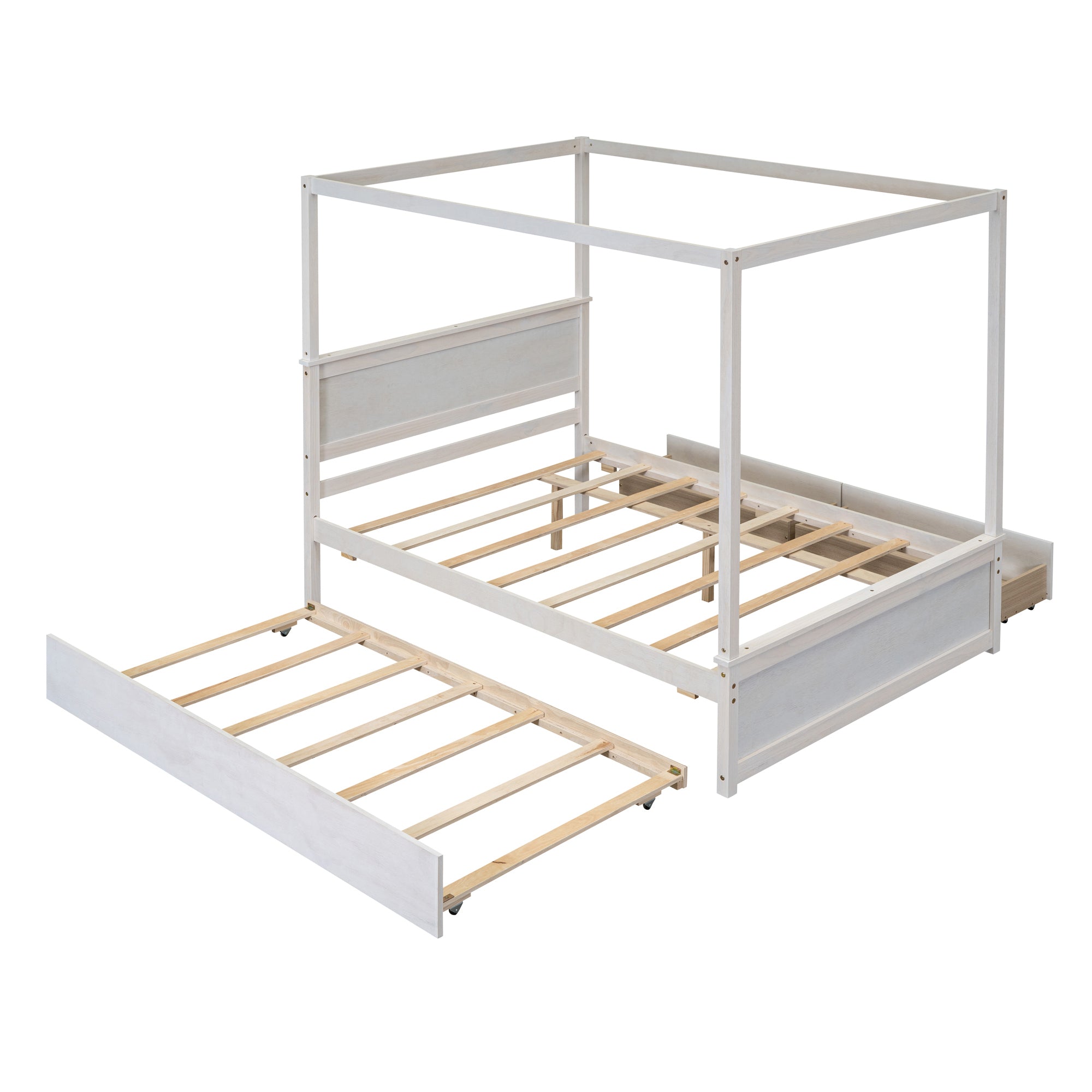 Full Size Canopy Bed with Trundle and Storage Drawers, White