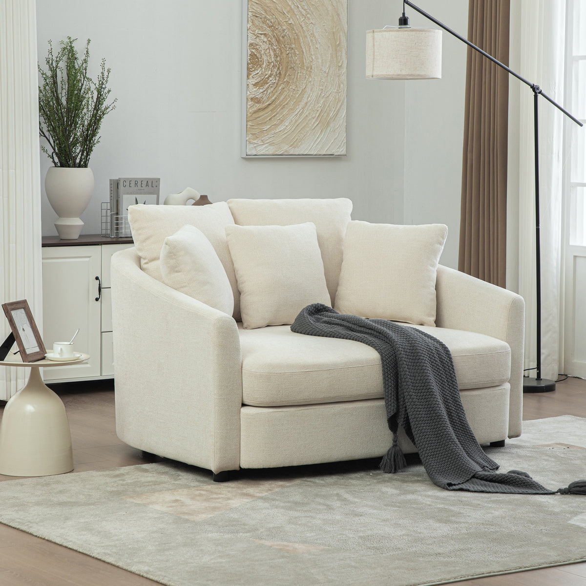 Beige Chenille Chaise Lounge Chair, 56.3 in Wide