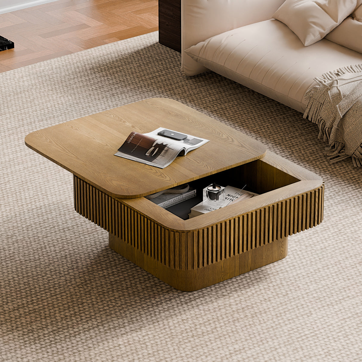 Brown Square Coffee Table with Storage, 31.5 in