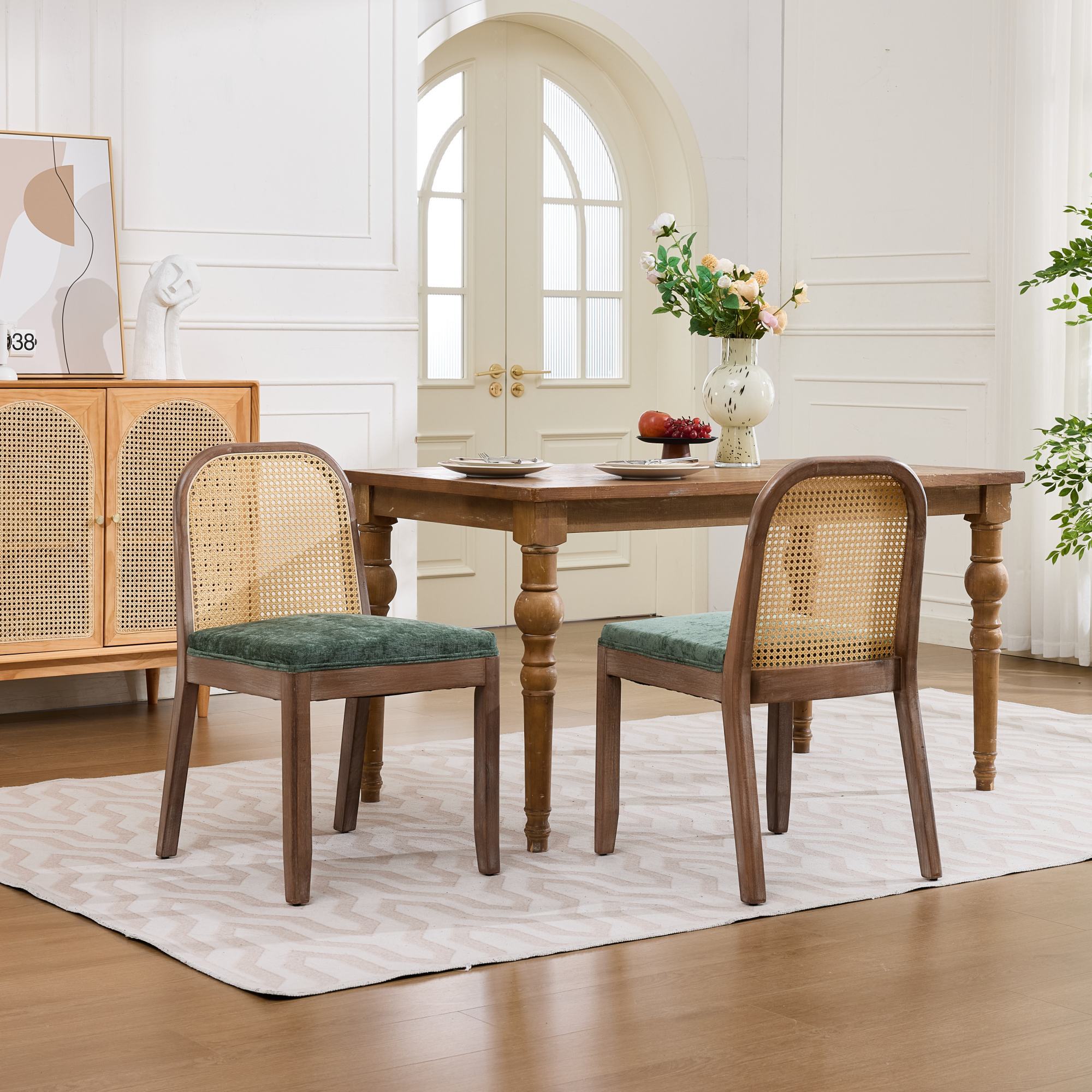 Cane-Back Dining Chairs Set of 2, Green Chenille with Distressed Wood