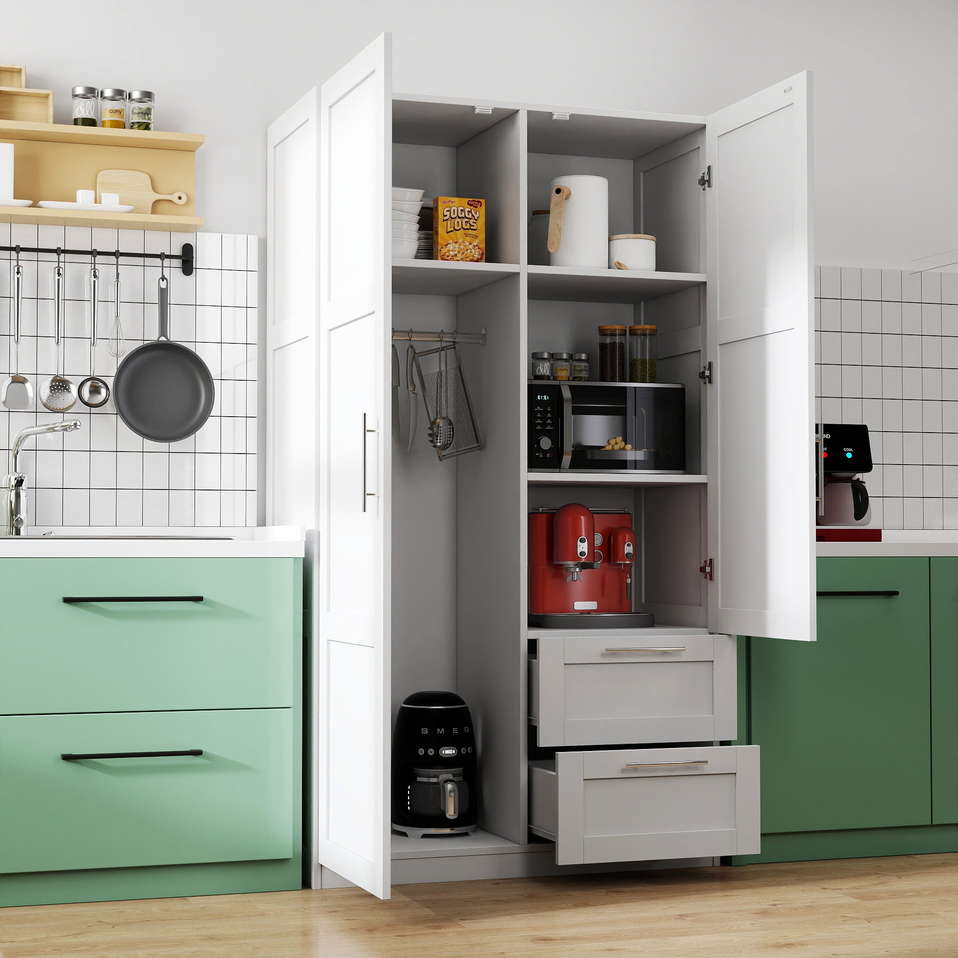 2-Door Wardrobe with 2 Drawers and 5 Storage Spaces, White