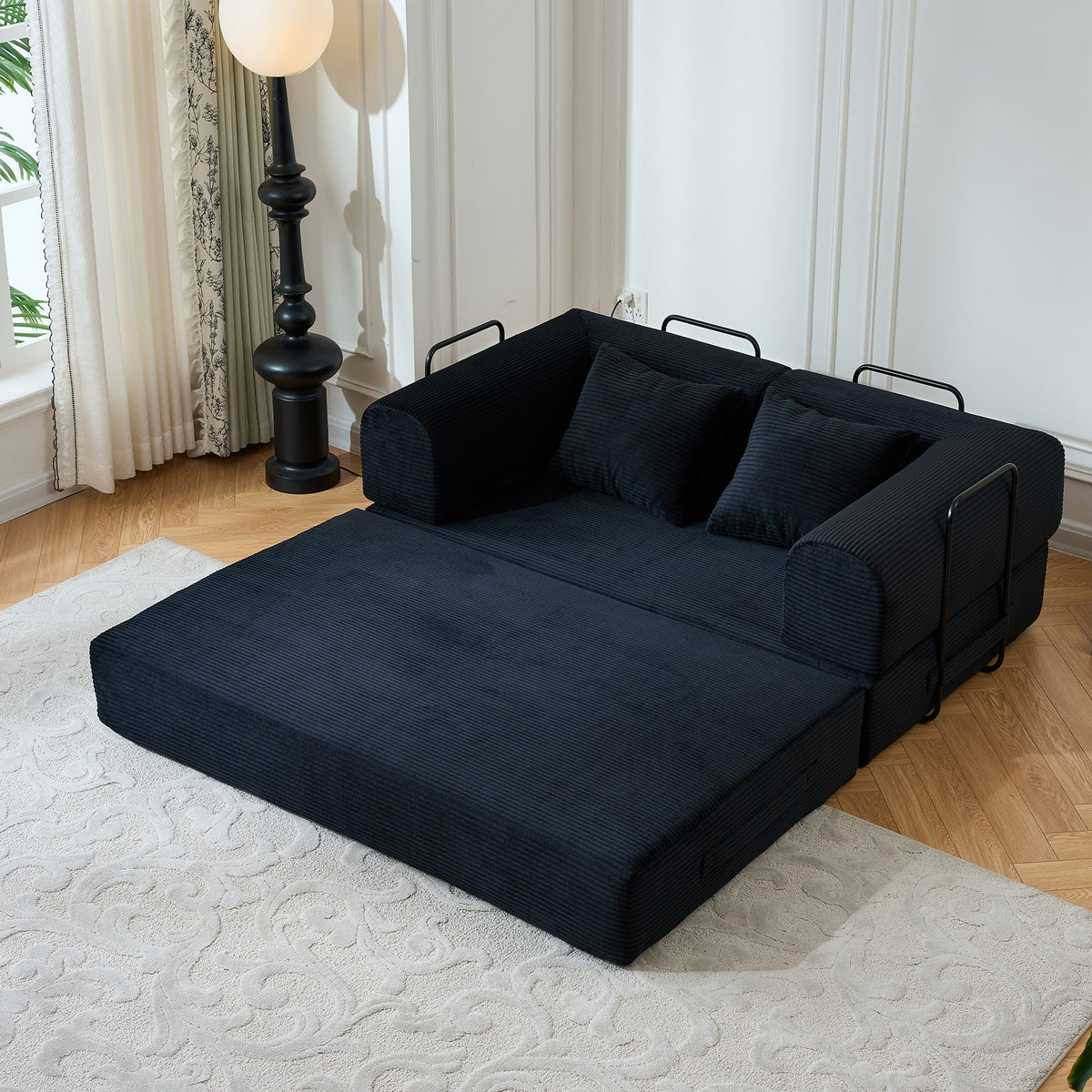 Black Corduroy Sleeper Sofa, No Assembly, 59.1 in Wide, Cylinder