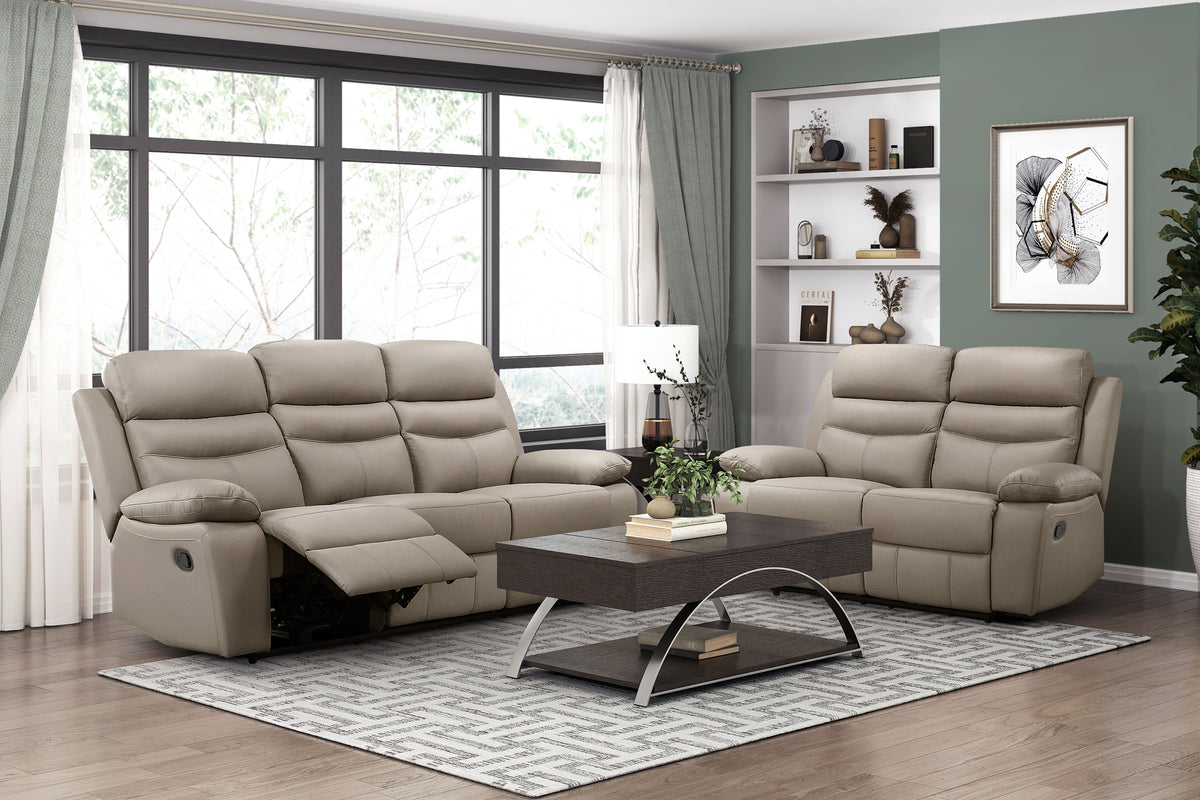 Beige Top Grain Leather Reclining Sofa and Loveseat Set
