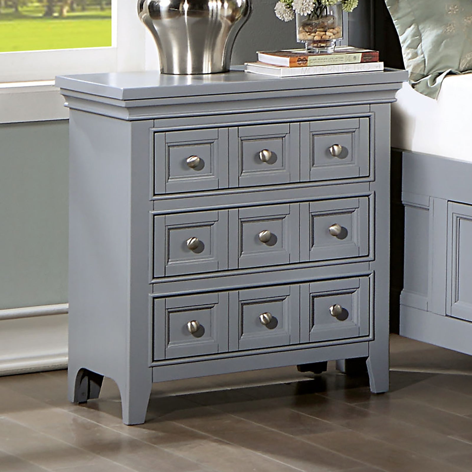 Solid Wood 3-Drawer Nightstand, Gray