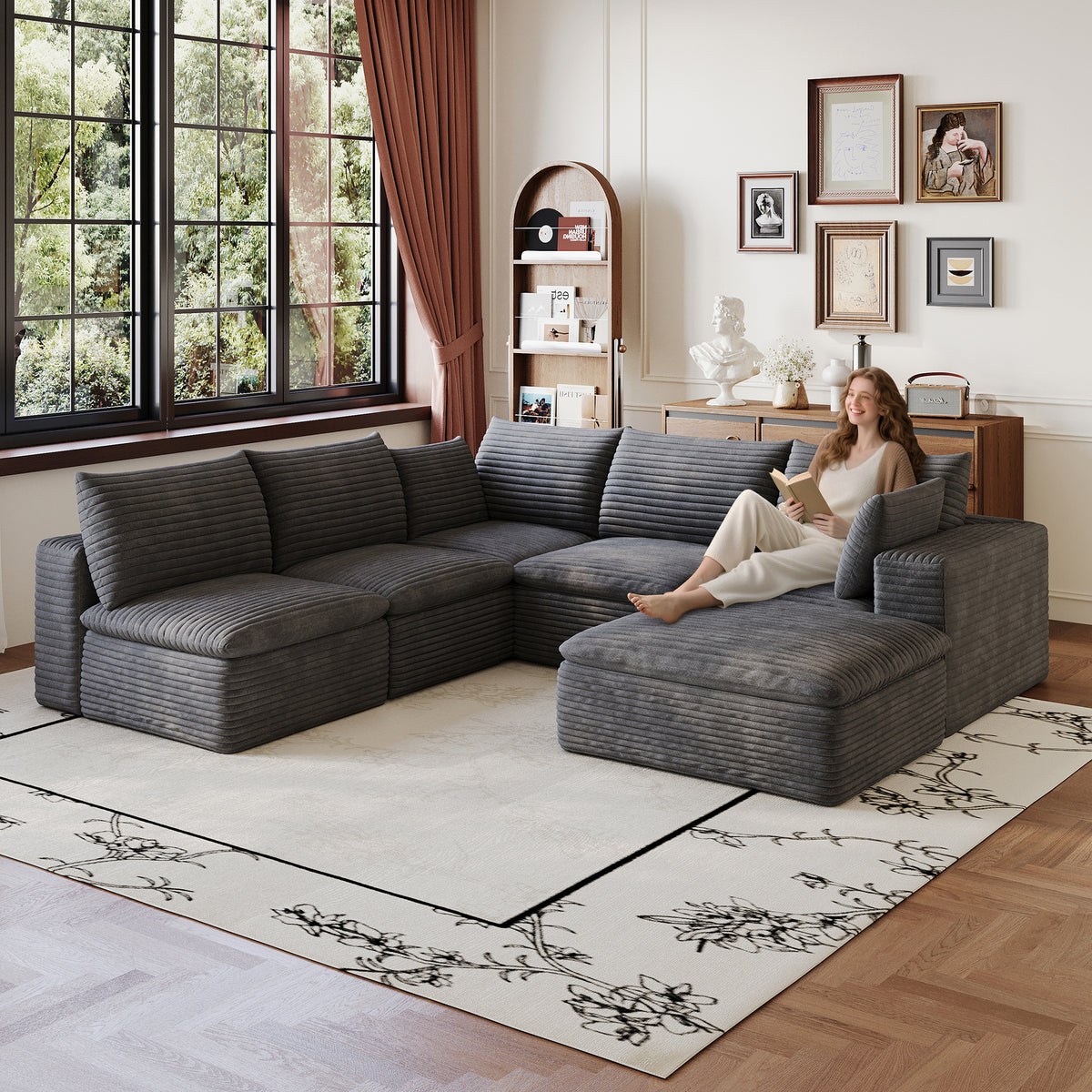 Dark Gray Corduroy Modular 6-Seat Couch, No Assembly, 103 in Wide