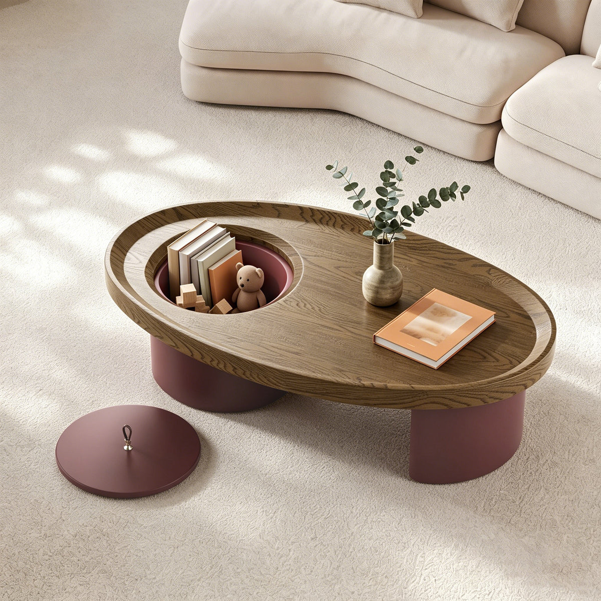 Walnut Oval Coffee Table with Storage, 45.3 in