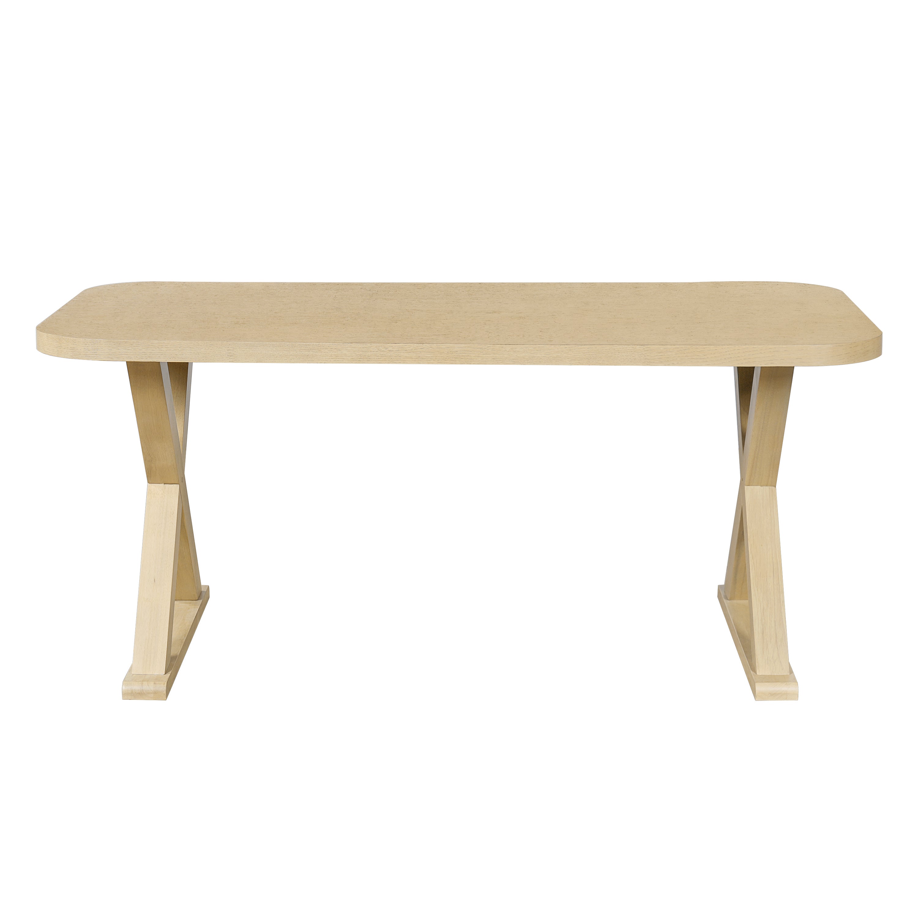 Front elevation of the natural oak veneer dining table with crossed X-shaped legs, plain white background