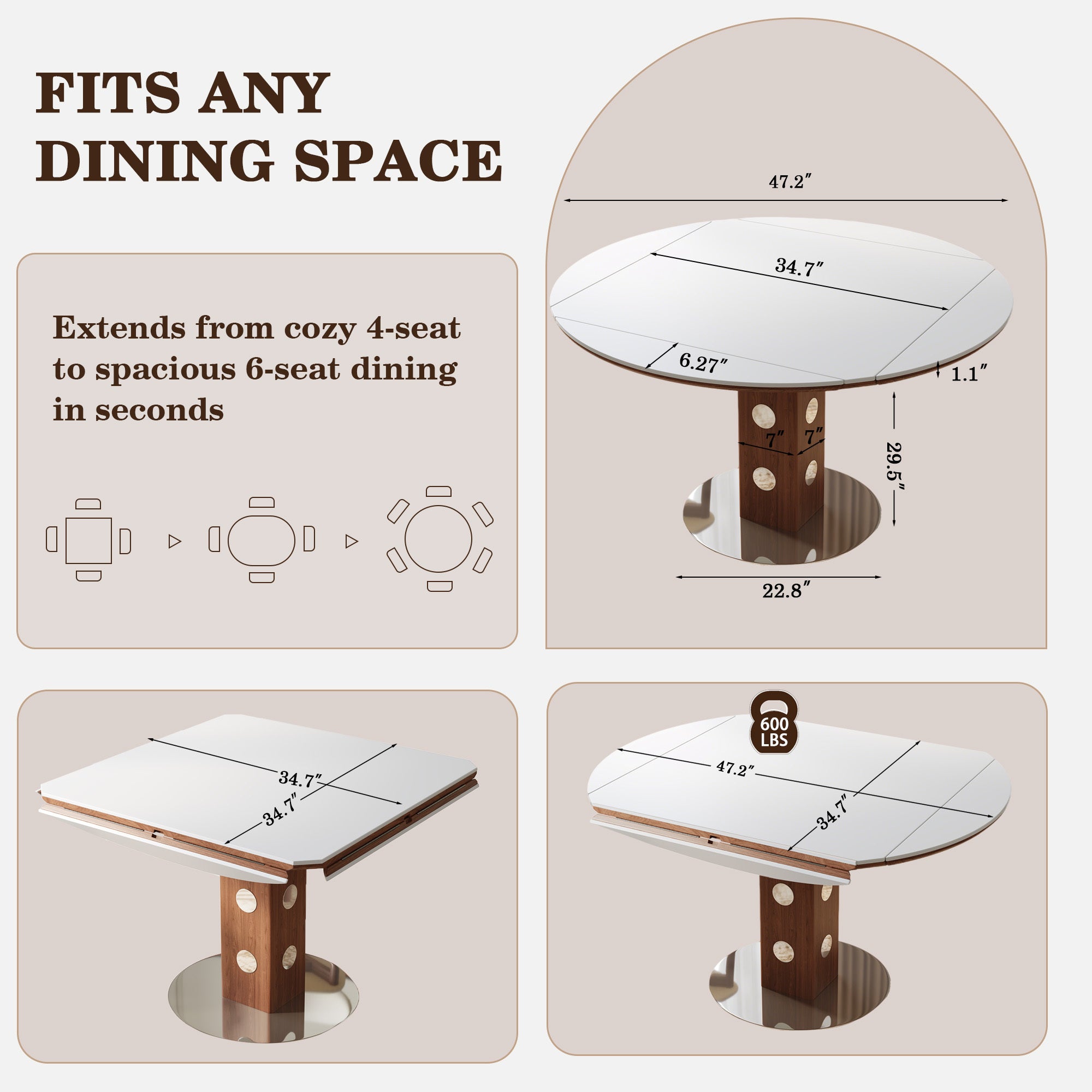 Fits-any-space graphic showing seating layouts and dimensions for the folding table