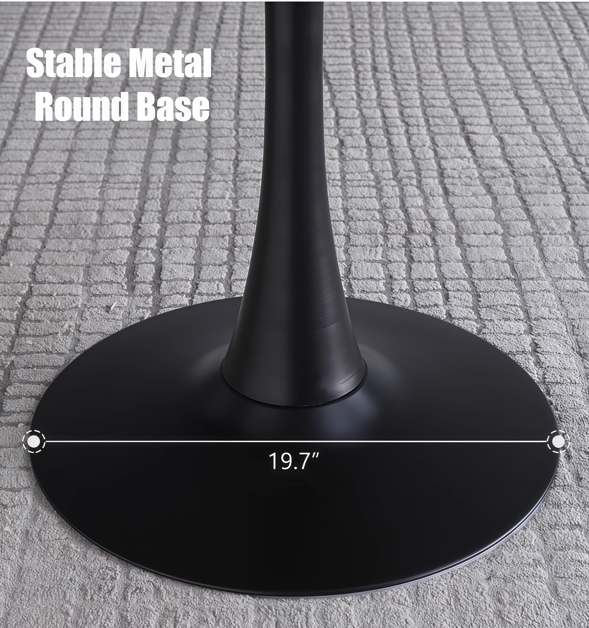 Close-up of the black metal round pedestal base of the natural dining table on a gray rug