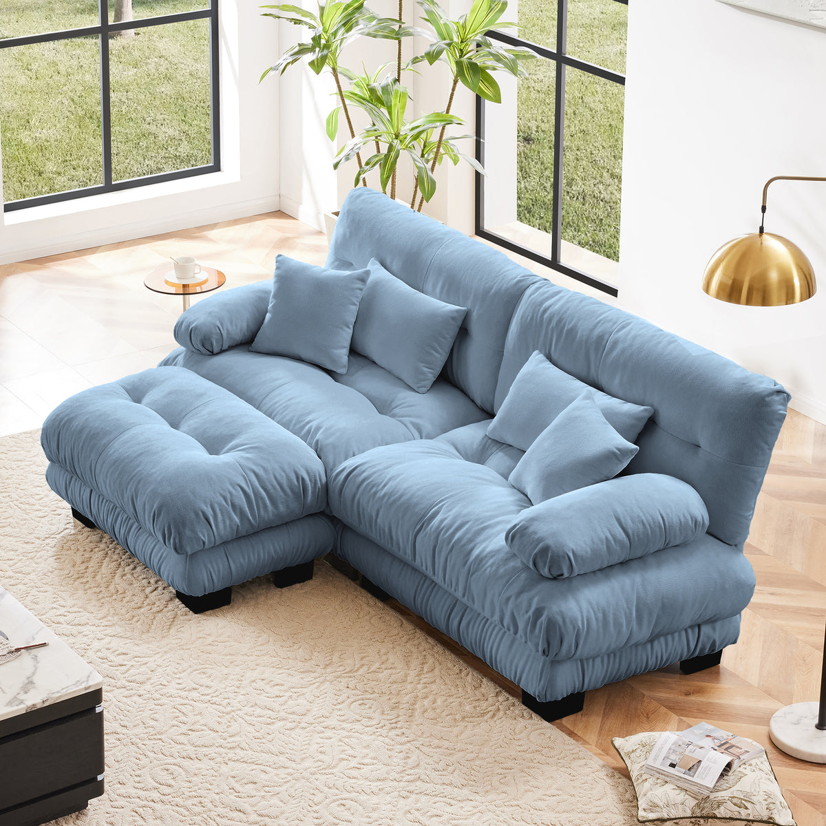 Blue Chenille 2-Seat Couch with 1 Ottoman, Bolster Arms