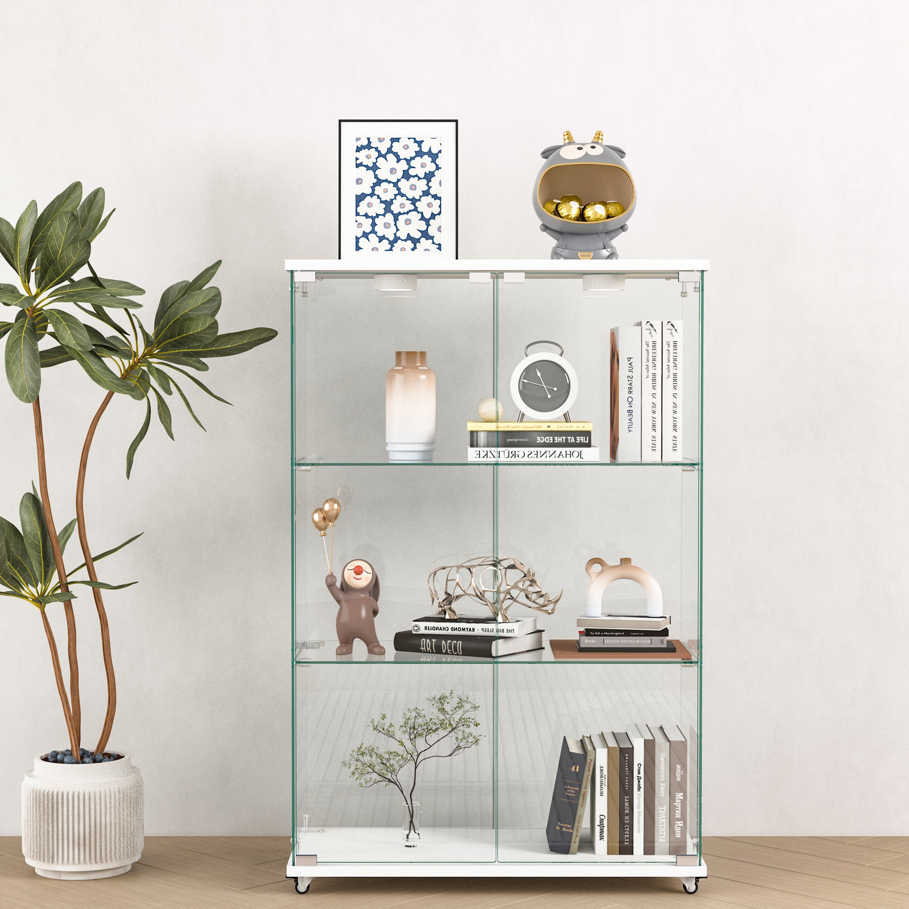 Modern Bookcase with Doors and LED Lighting, 32.1 in, 14.37 in Deep