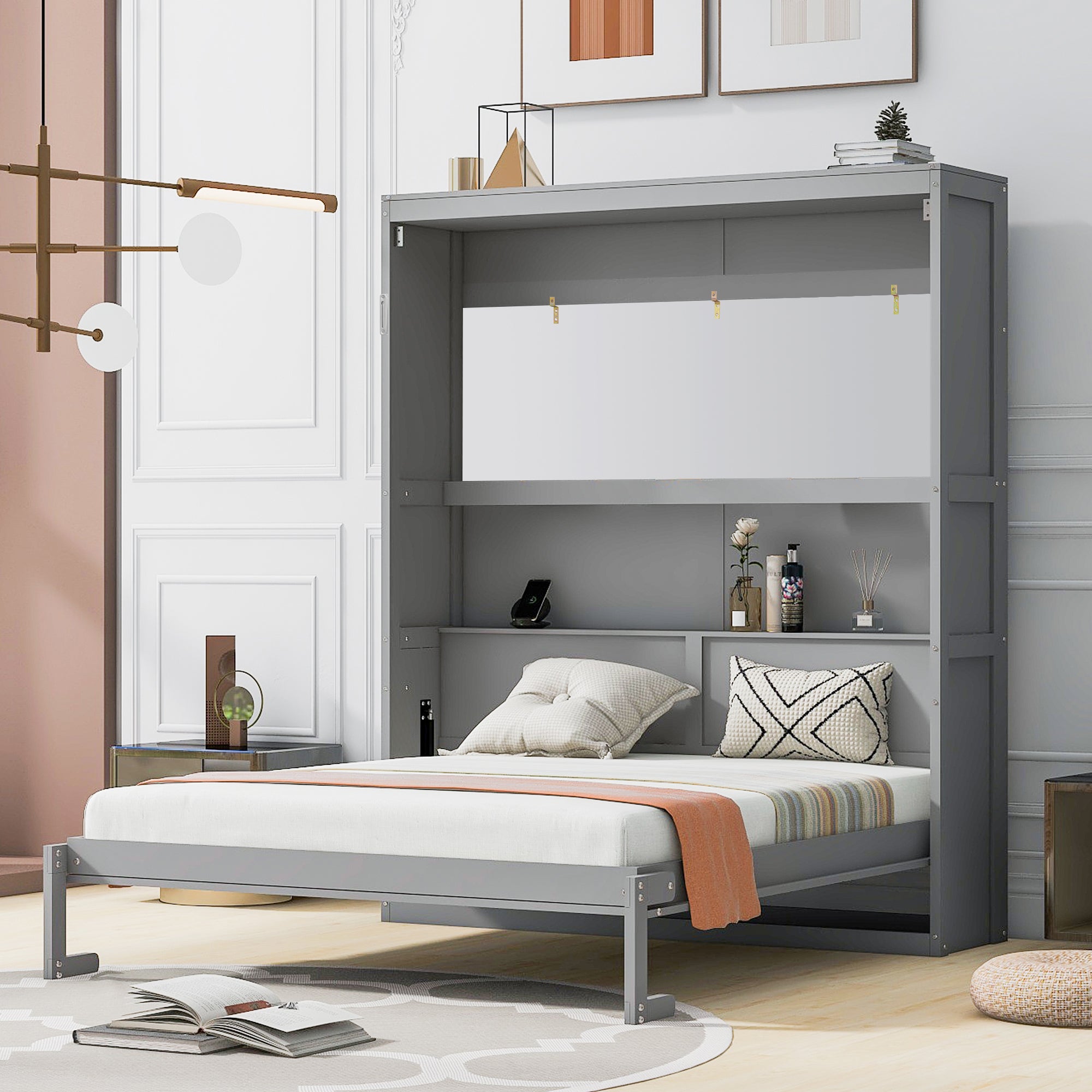 Queen Size Murphy Bed with Shelves, Gray