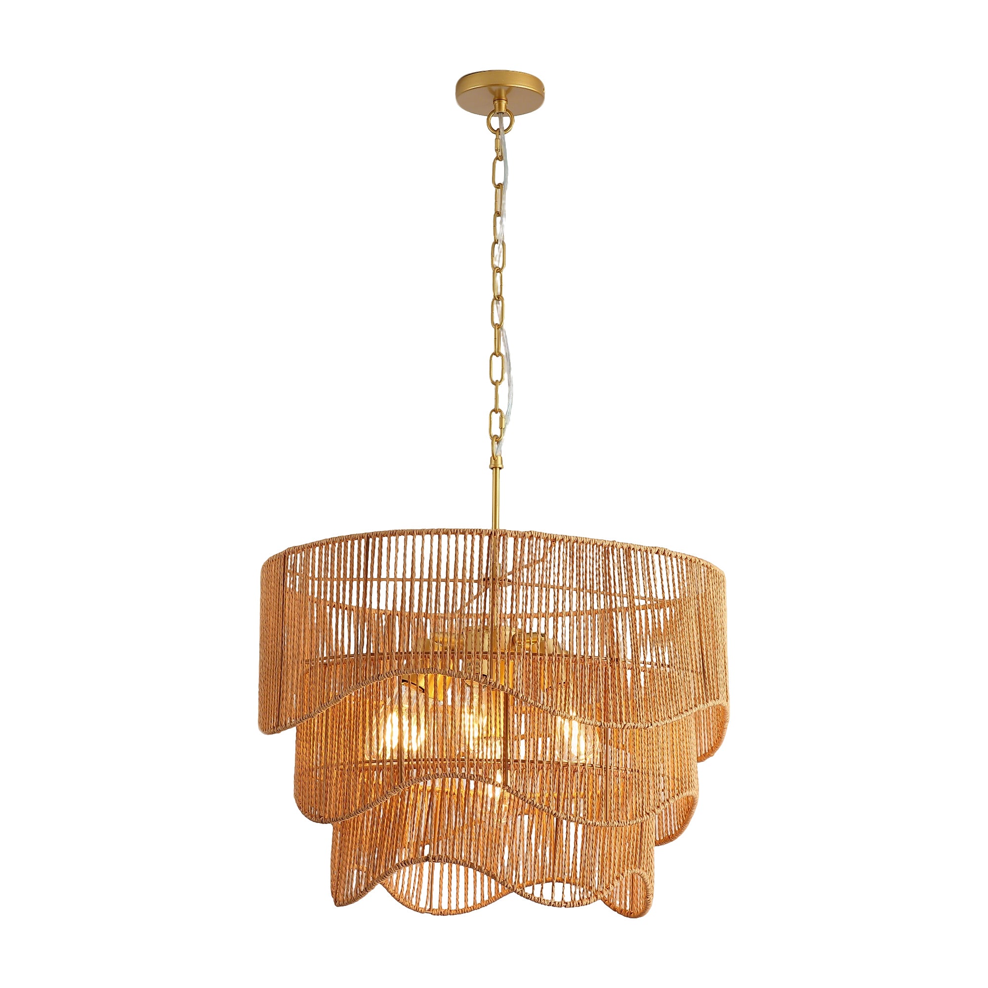 Chandelier with Rattan and Metal Frame, 7-Light, Gold Finish