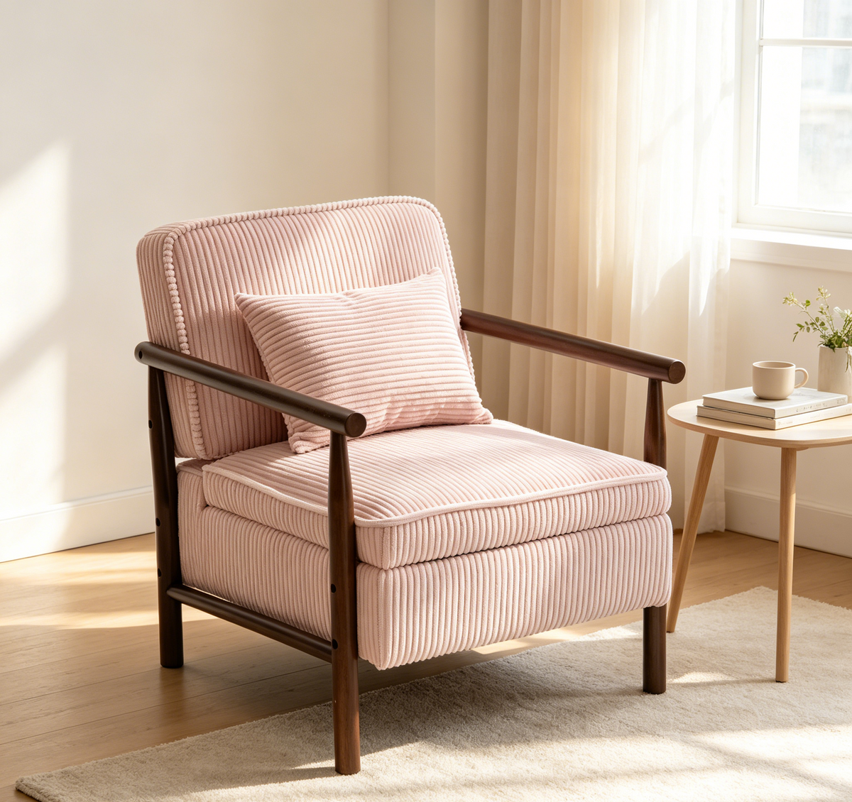 Pink Corduroy Accent Chair with Storage
