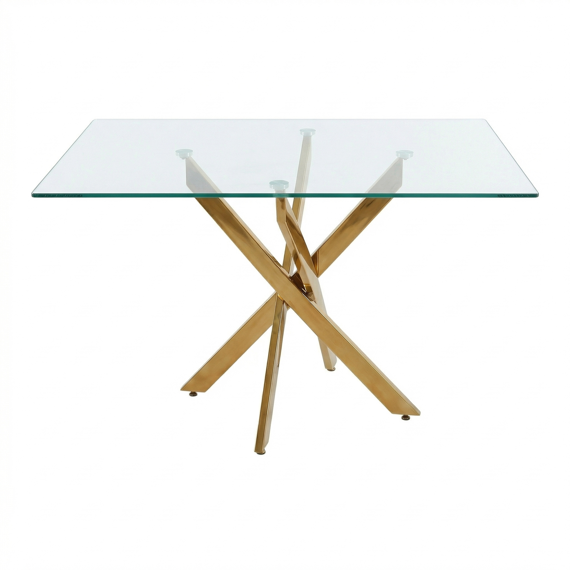 Angled studio view of the glass dining table with gold starburst legs