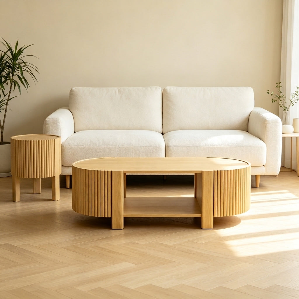 Natural Solid Wood Coffee Table and Side Table Set, 47 in